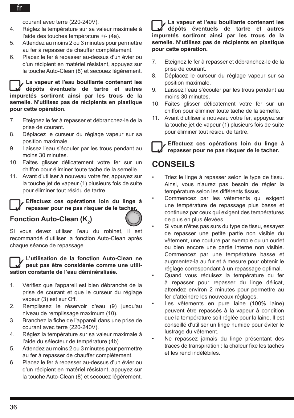 Conseils, Fonction auto-clean (k | Hotpoint Ariston SI E40 BA0 User Manual | Page 36 / 96