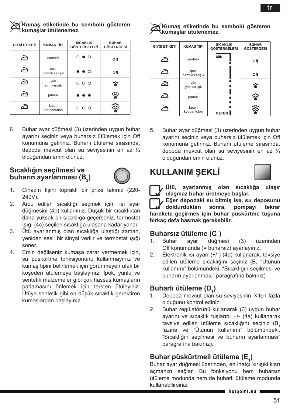 Kullanim şekli, Sıcaklığın seçilmesi ve buharın ayarlanması (b, Buharsız ütüleme (c | Buharlı ütüleme (d, Buhar püskürtmeli ütüleme (e | Hotpoint Ariston SI E40 BA0 User Manual | Page 51 / 96