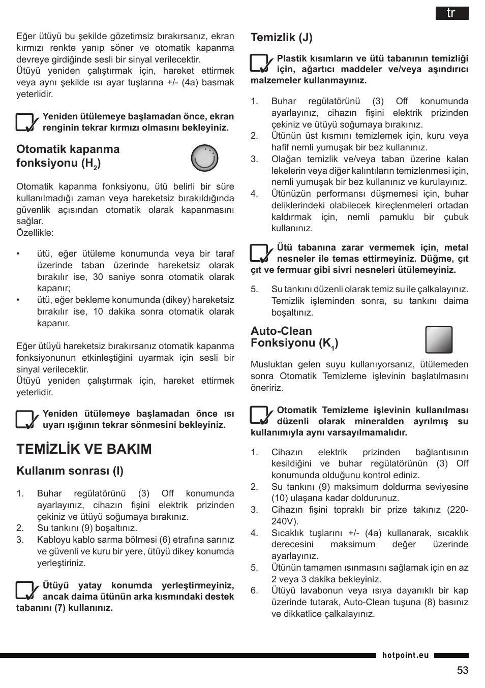 Temizlik ve bakim | Hotpoint Ariston SI E40 BA0 User Manual | Page 53 / 96