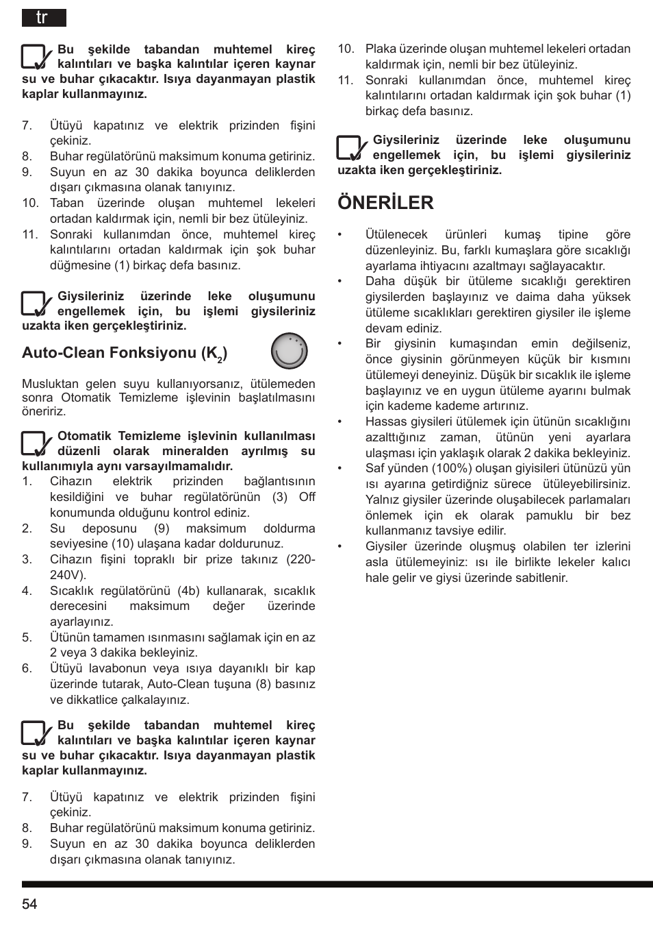 Öneriler, Auto-clean fonksiyonu (k | Hotpoint Ariston SI E40 BA0 User Manual | Page 54 / 96