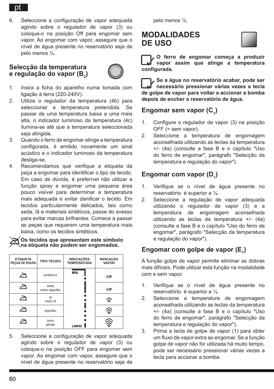 Modalidades de uso, Selecção da temperatura e regulação do vapor (b, Engomar sem vapor (c | Engomar com vapor (d, Engomar com golpe de vapor (e | Hotpoint Ariston SI E40 BA0 User Manual | Page 60 / 96