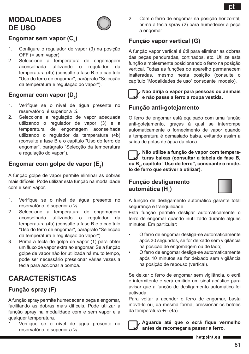 Pt modalidades de uso, Características | Hotpoint Ariston SI E40 BA0 User Manual | Page 61 / 96