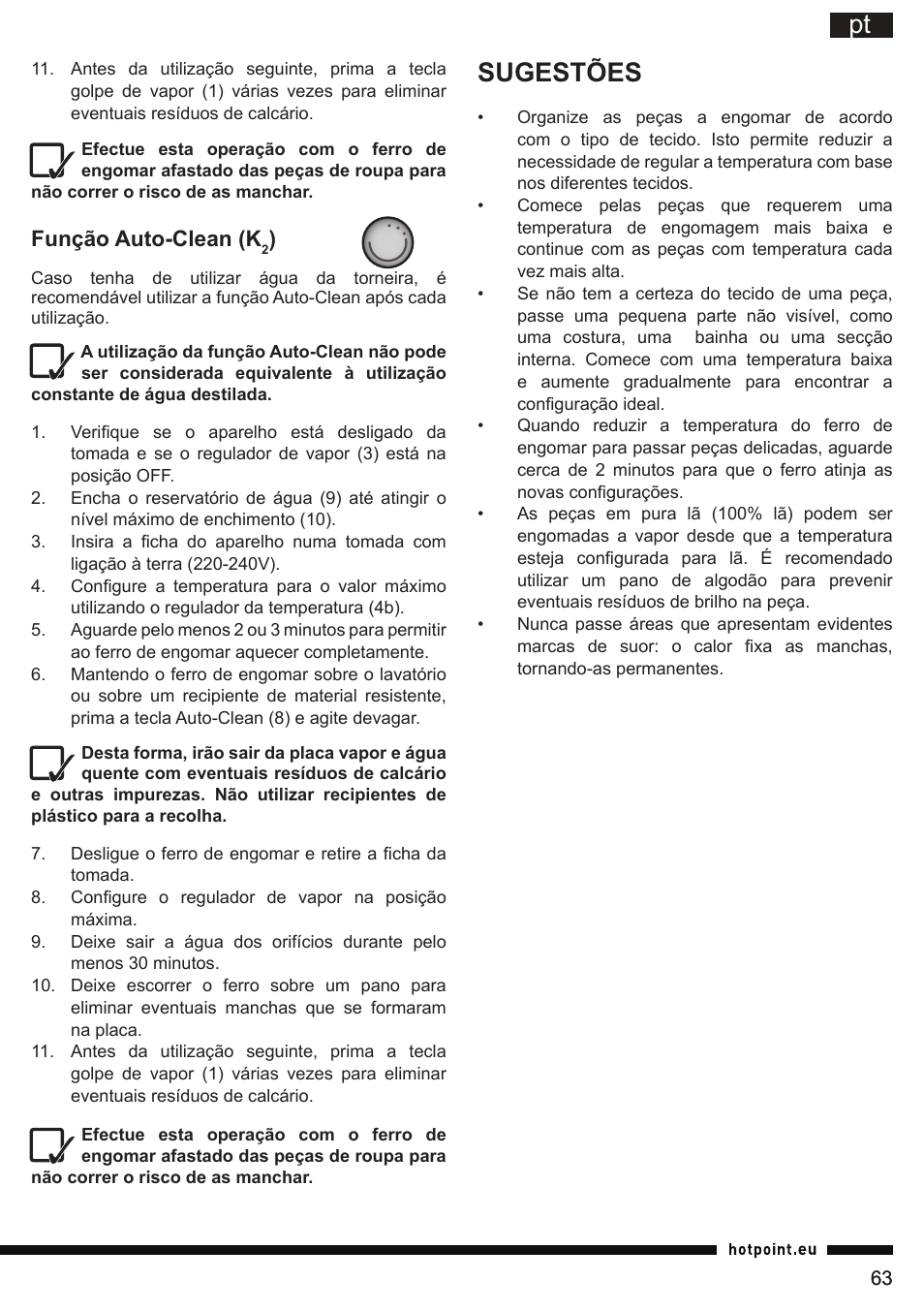 Sugestões, Função auto-clean (k | Hotpoint Ariston SI E40 BA0 User Manual | Page 63 / 96
