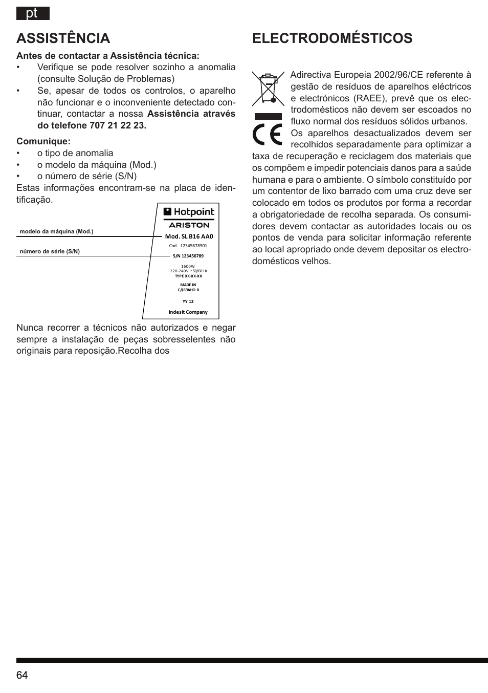 Pt assistência, Electrodomésticos | Hotpoint Ariston SI E40 BA0 User Manual | Page 64 / 96