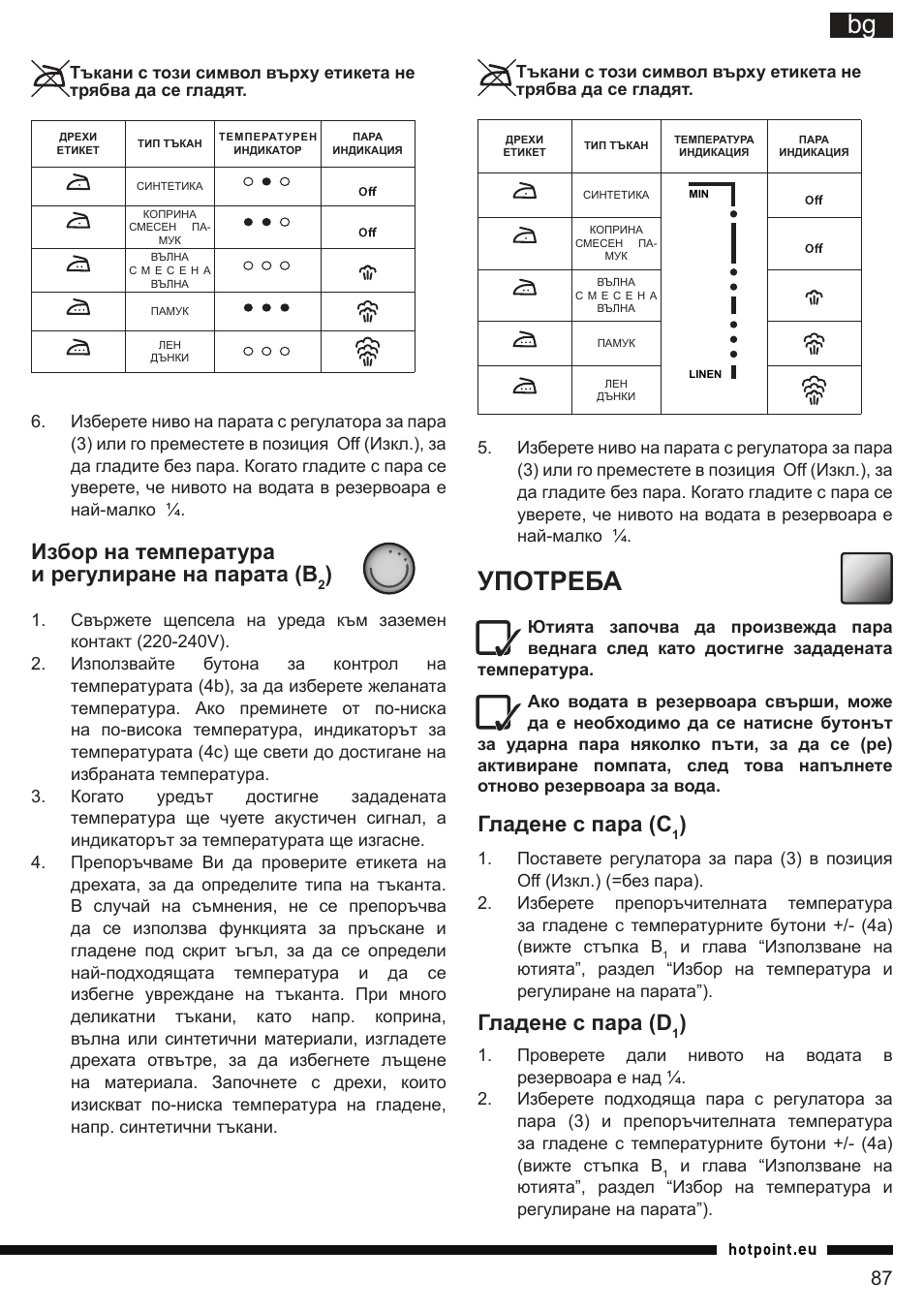 It bg, Употреба, Избор на температура и регулиране на парата (b | Гладене с пара (c, Гладене с пара (d | Hotpoint Ariston SI E40 BA0 User Manual | Page 87 / 96