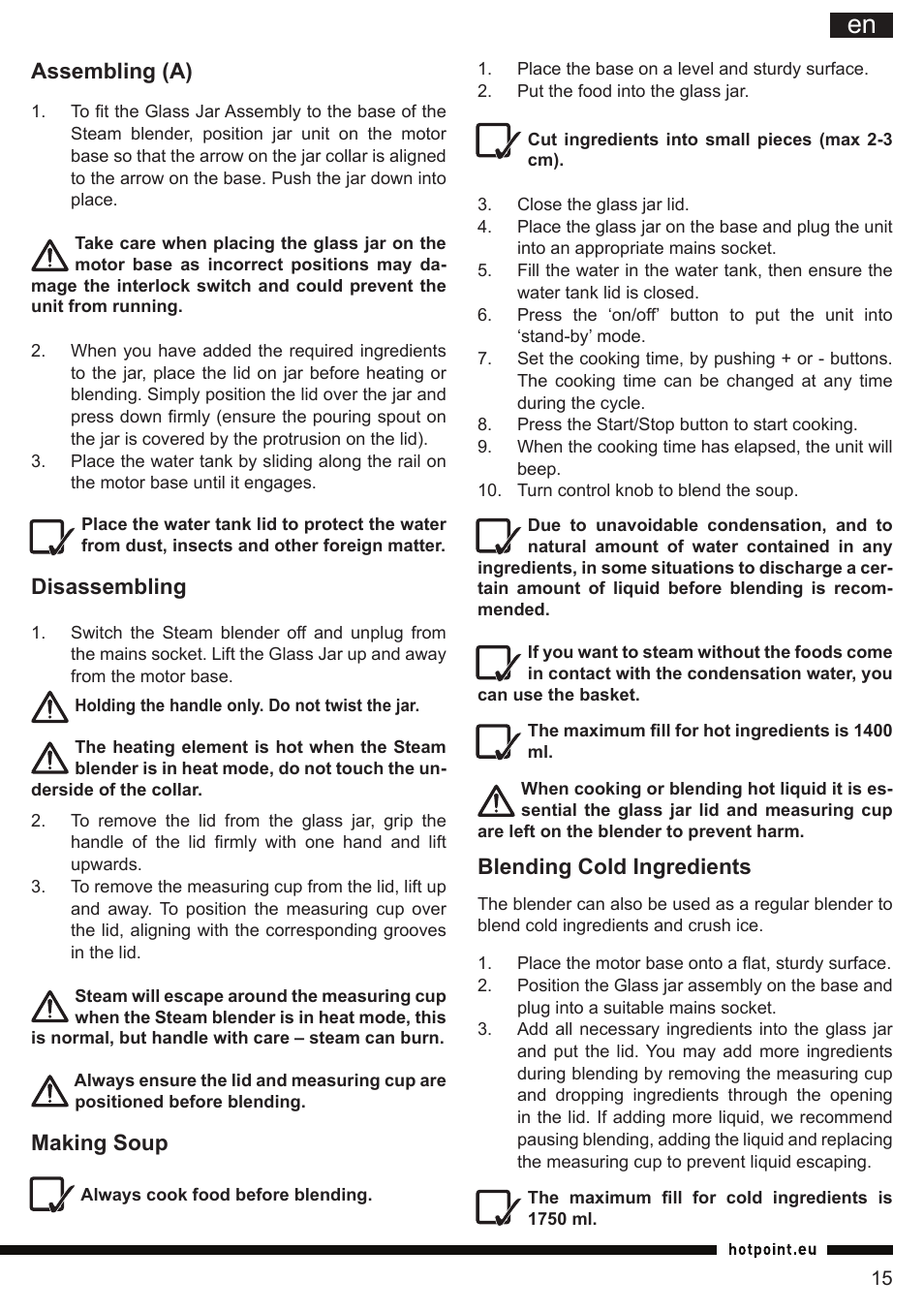 It en, Blending cold ingredients, Assembling (a) | Disassembling, Making soup | Hotpoint Ariston TB 060C AX0 User Manual | Page 15 / 84