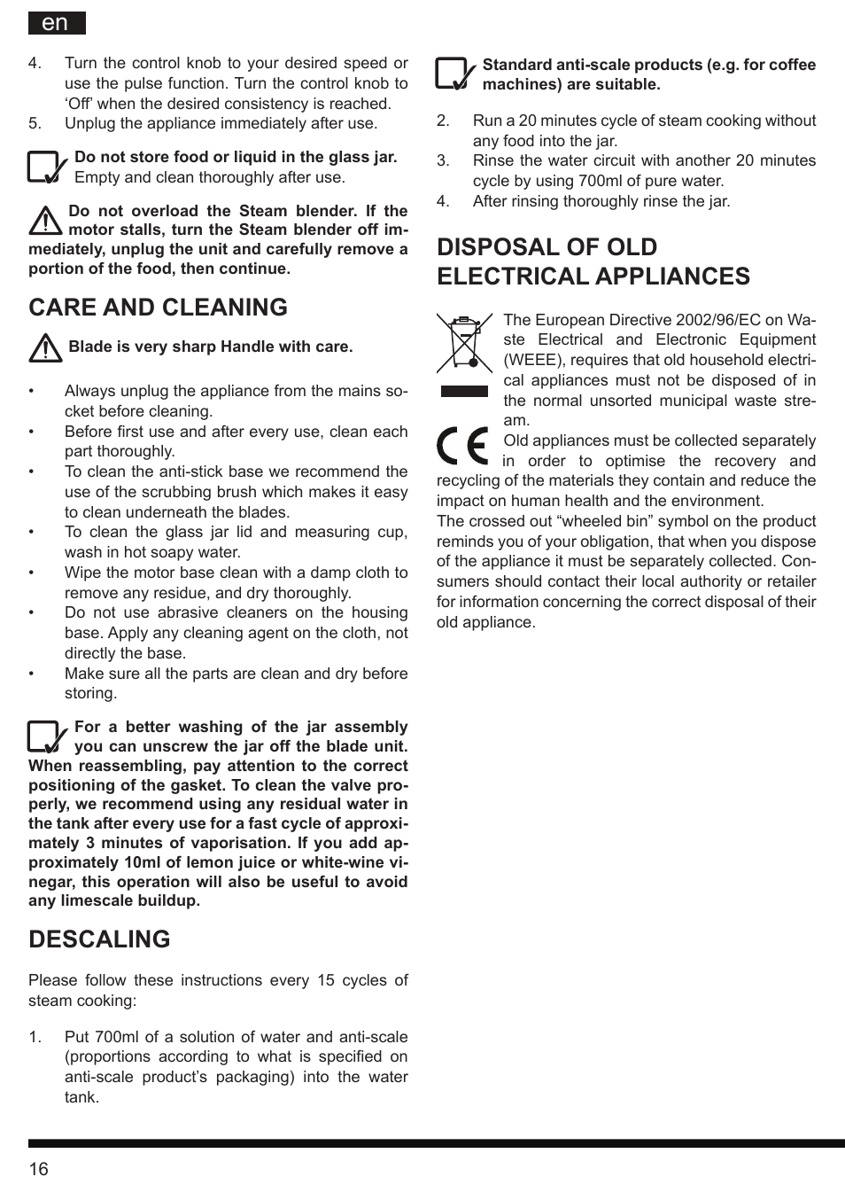 It en, Disposal of old electrical appliances, Care and cleaning | Descaling | Hotpoint Ariston TB 060C AX0 User Manual | Page 16 / 84