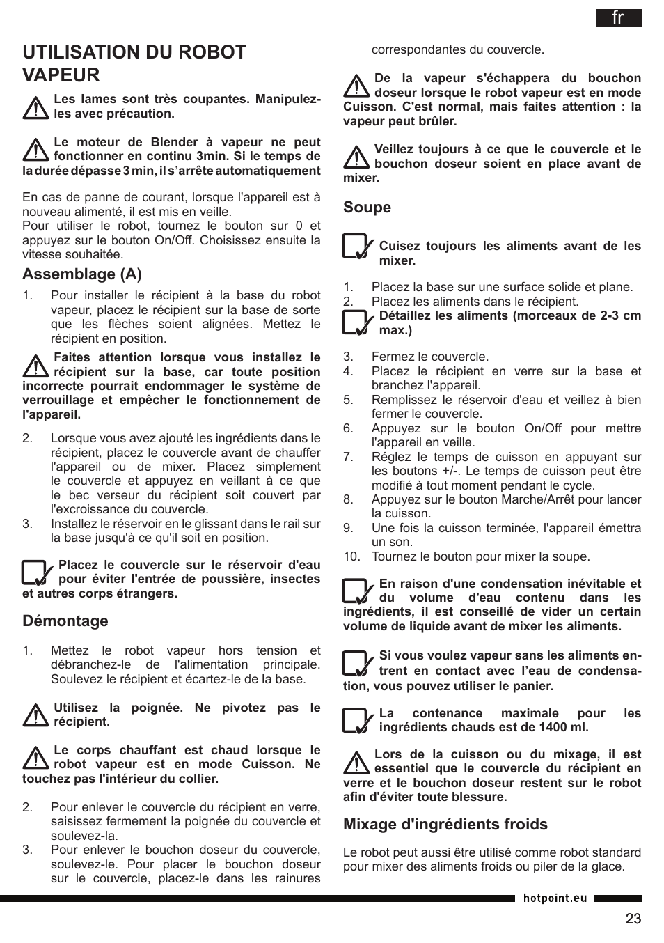 Utilisation du robot vapeur | Hotpoint Ariston TB 060C AX0 User Manual | Page 23 / 84