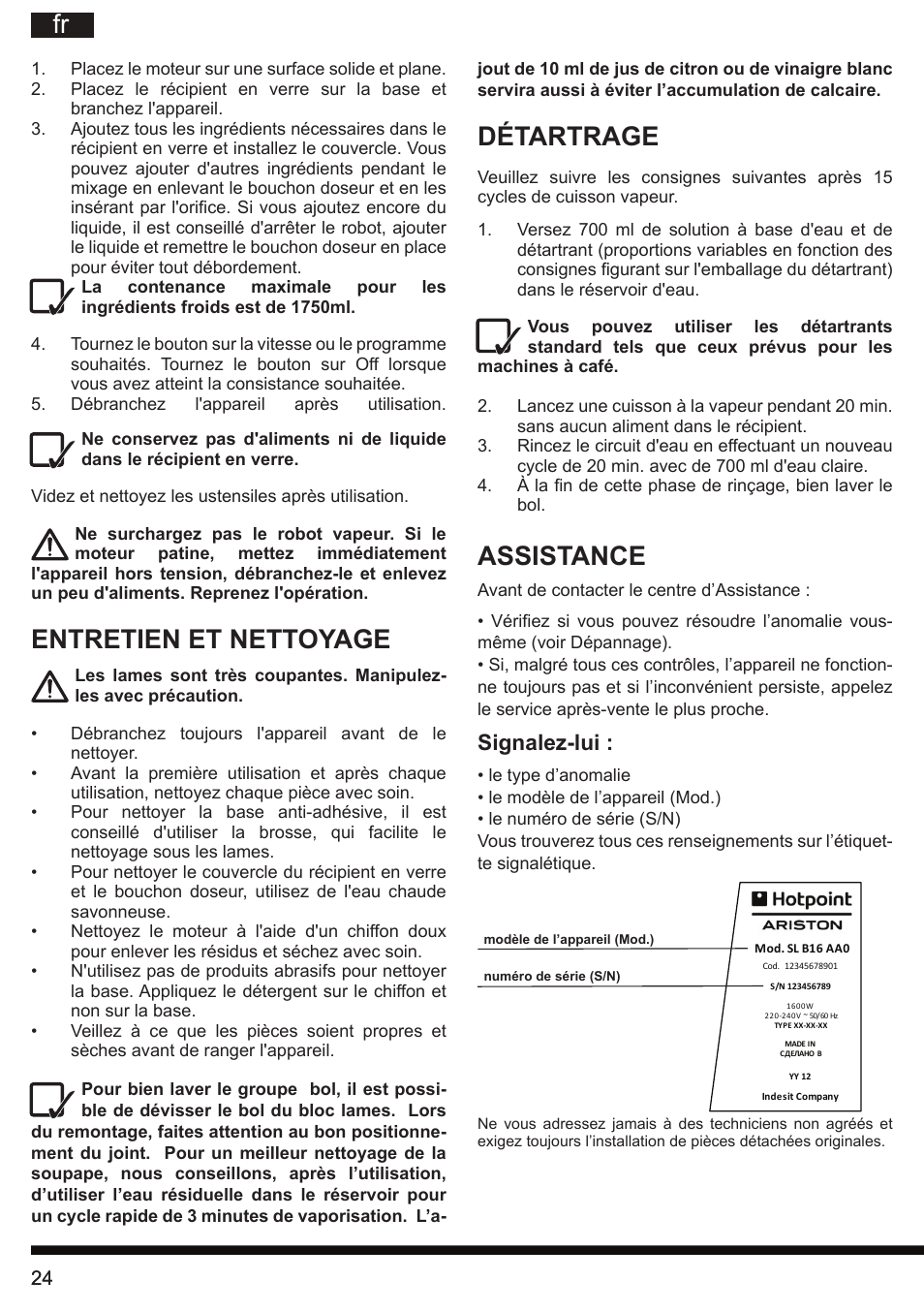 Détartrage, Assistance, Entretien et nettoyage | Signalez-lui | Hotpoint Ariston TB 060C AX0 User Manual | Page 24 / 84