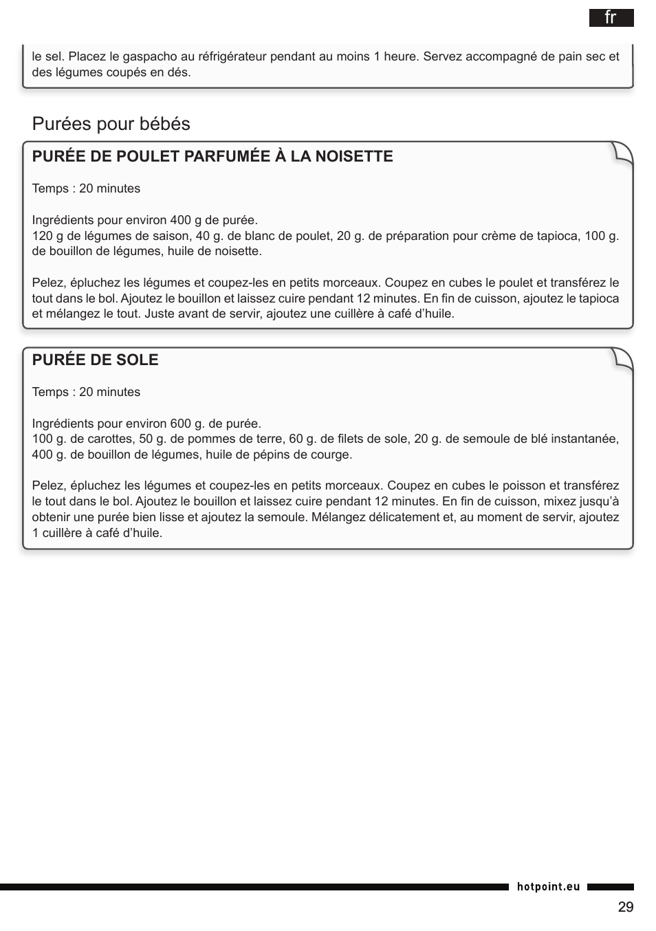 Purées pour bébés | Hotpoint Ariston TB 060C AX0 User Manual | Page 29 / 84