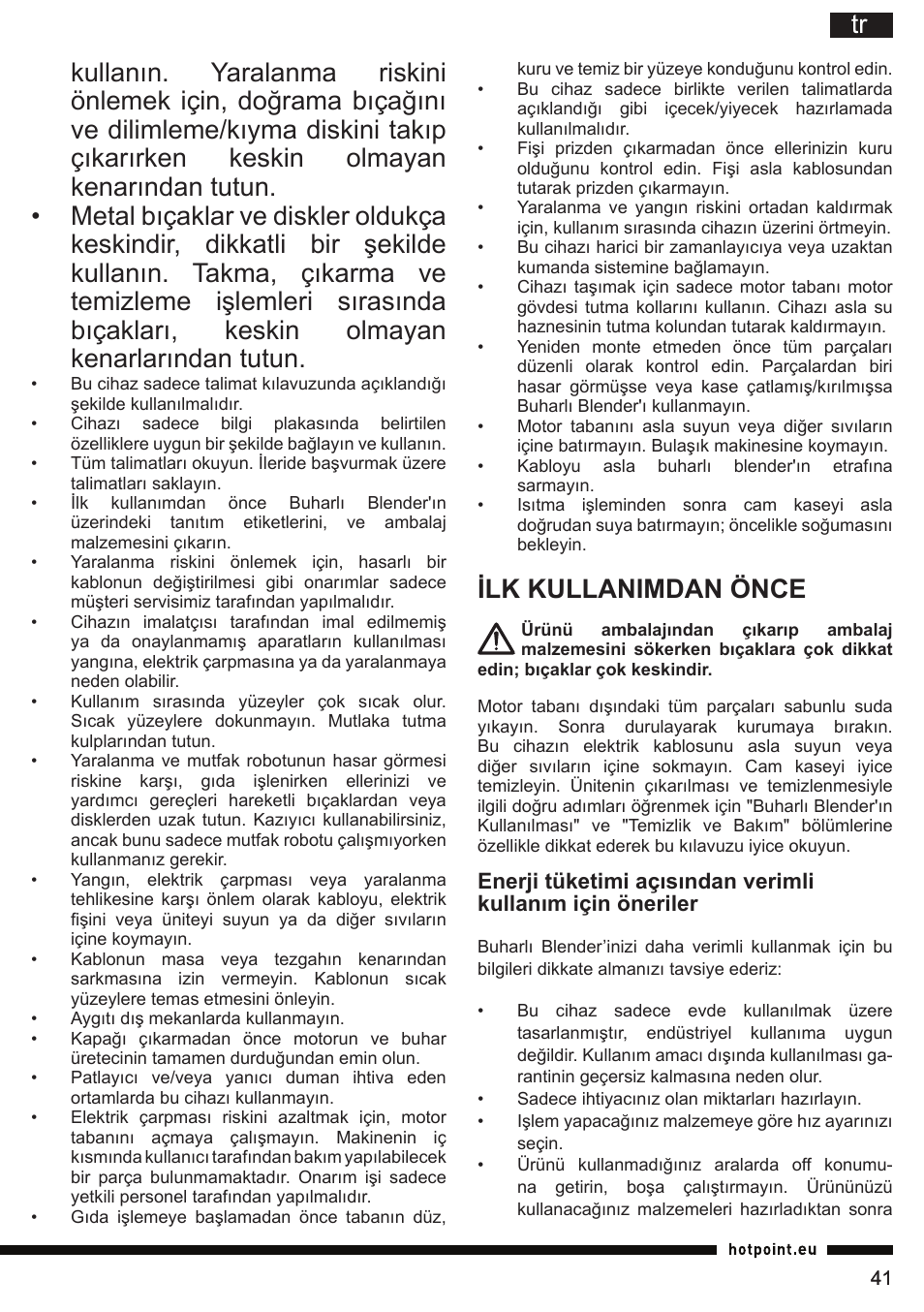 Ilk kullanimdan önce | Hotpoint Ariston TB 060C AX0 User Manual | Page 41 / 84