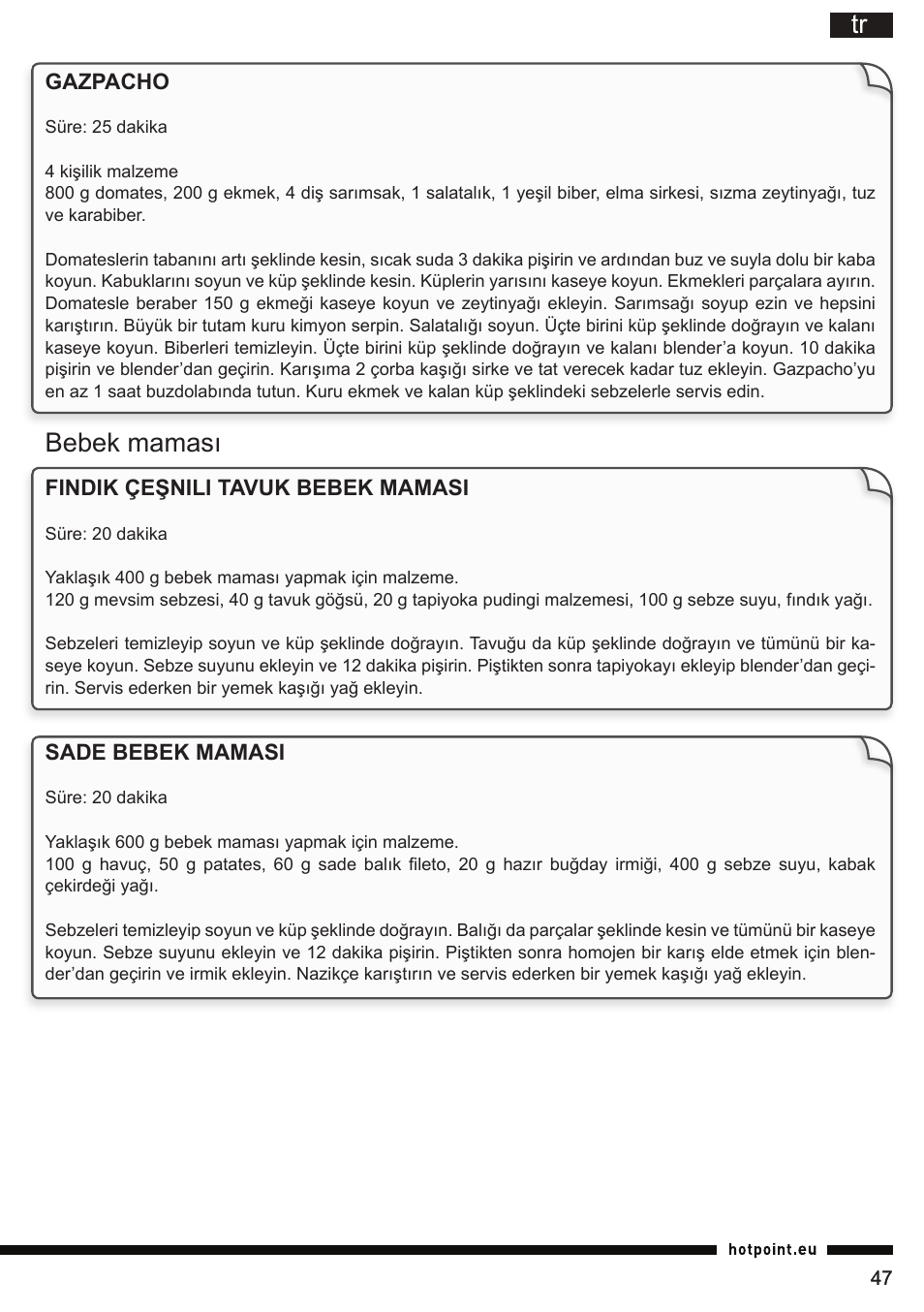 Bebek maması | Hotpoint Ariston TB 060C AX0 User Manual | Page 47 / 84