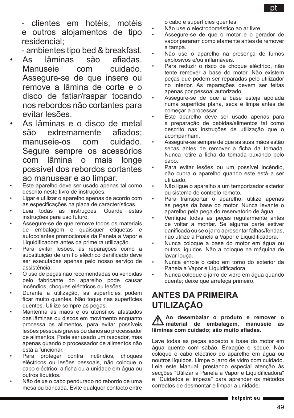 Antes da primeira utilização | Hotpoint Ariston TB 060C AX0 User Manual | Page 49 / 84