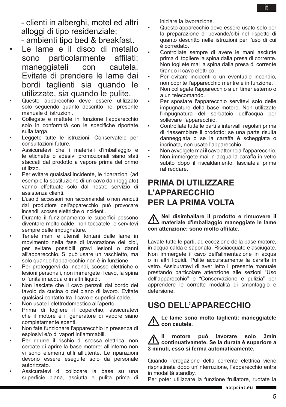 Uso dell’apparecchio | Hotpoint Ariston TB 060C AX0 User Manual | Page 5 / 84