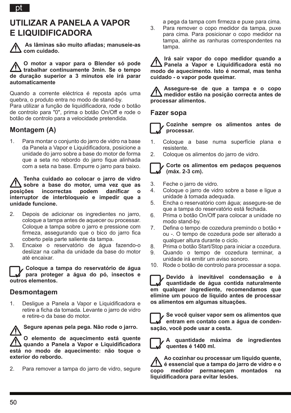 Utilizar a panela a vapor e liquidificadora | Hotpoint Ariston TB 060C AX0 User Manual | Page 50 / 84