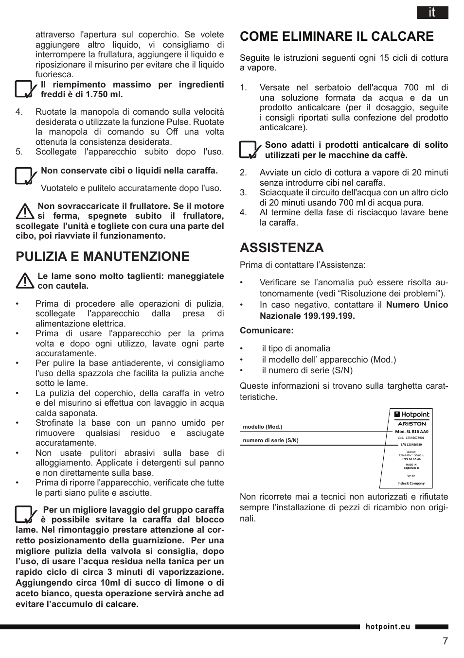 It come eliminare il calcare, Assistenza, Pulizia e manutenzione | Hotpoint Ariston TB 060C AX0 User Manual | Page 7 / 84