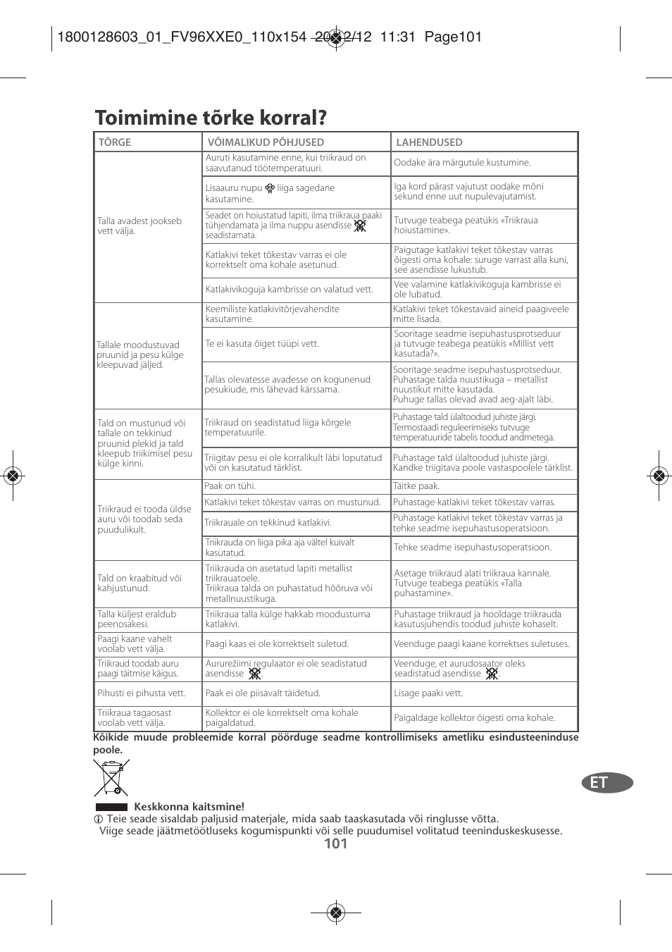 Toimimine tõrke korral | Tefal FV9630 User Manual | Page 106 / 114