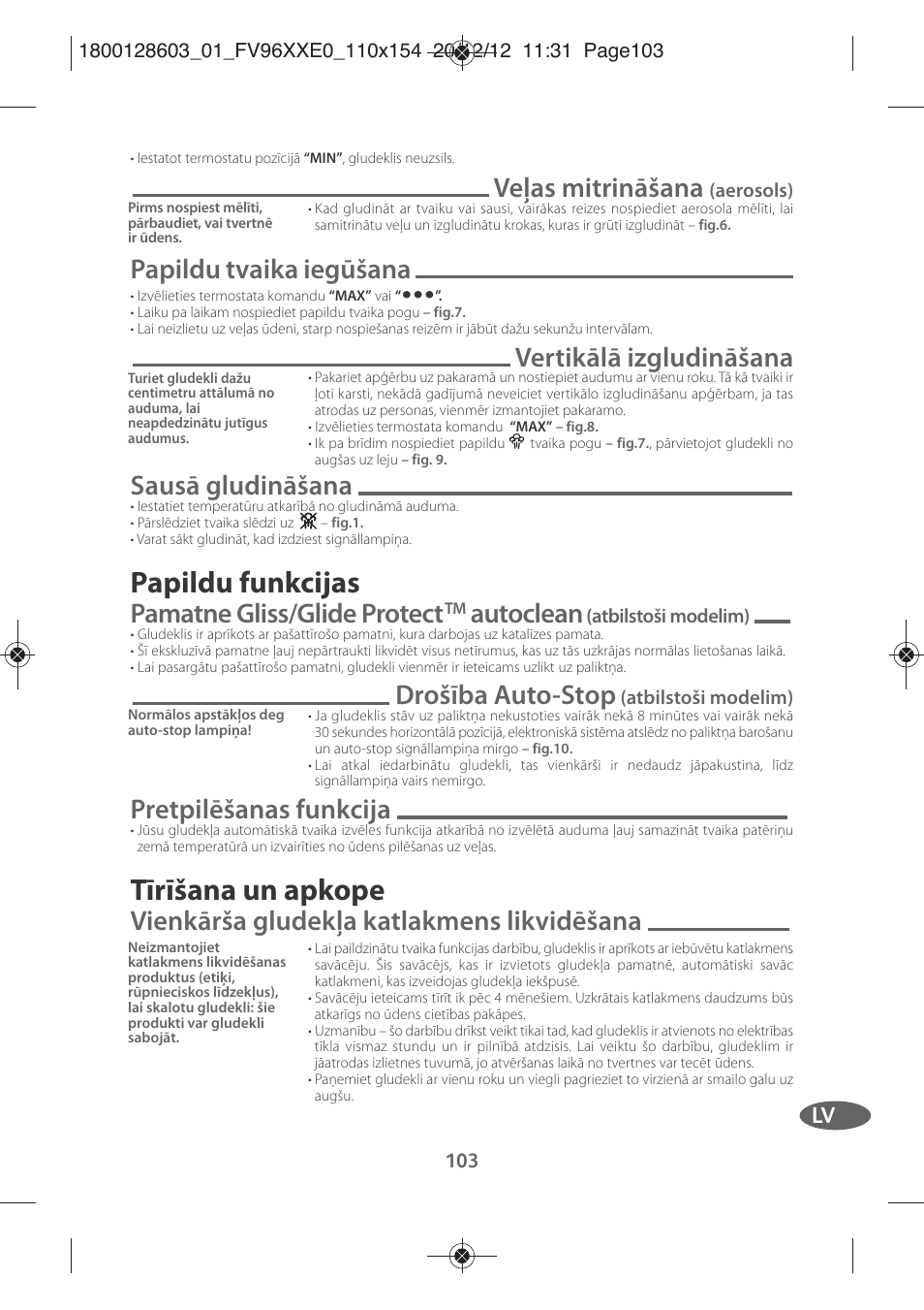 Papildu funkcijas, Tīrīšana un apkope, Veļas mitrināšana | Papildu tvaika iegūšana, Vertikālā izgludināšana, Sausā gludināšana, Pamatne gliss/glide protect, Autoclean, Drošība auto-stop, Pretpilēšanas funkcija | Tefal FV9630 User Manual | Page 108 / 114