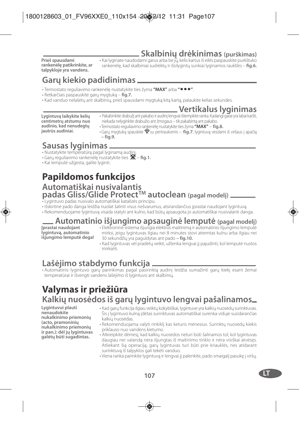 Papildomos funkcijos, Valymas ir priežiūra, Skalbinių drėkinimas | Garų kiekio padidinimas, Vertikalus lyginimas, Sausas lyginimas, Autoclean, Automatinio išjungimo apsauginė lemputė, Lašėjimo stabdymo funkcija | Tefal FV9630 User Manual | Page 112 / 114