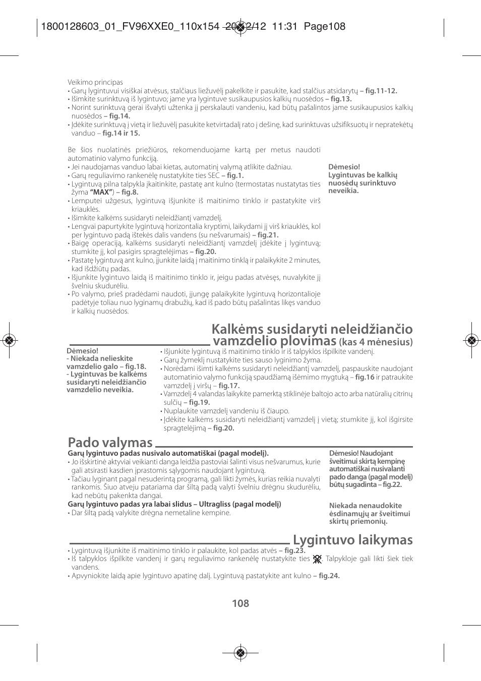 Pado valymas, Lygintuvo laikymas, Kas 4 mėnesius) | Tefal FV9630 User Manual | Page 113 / 114