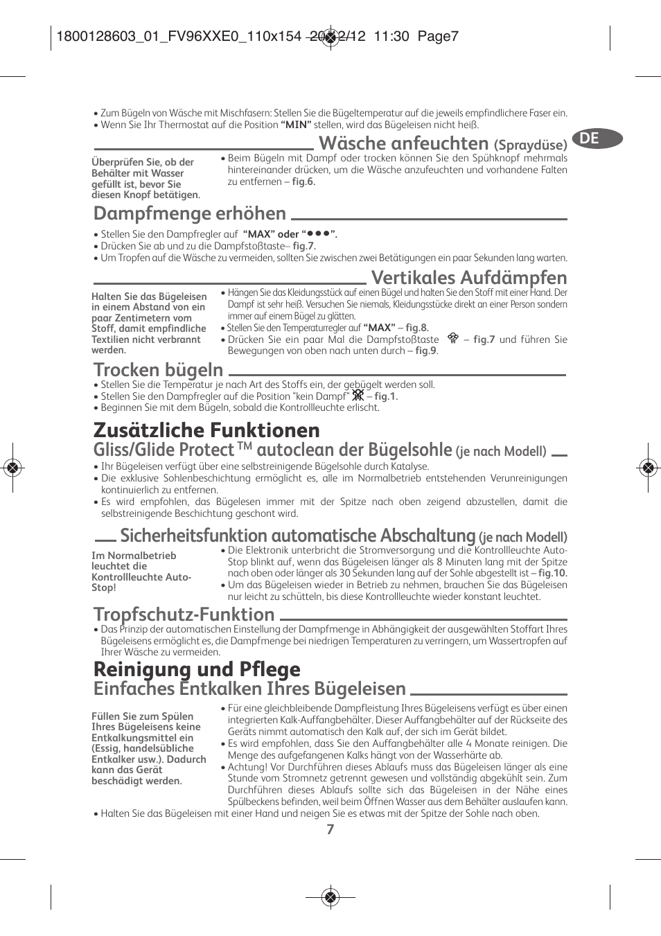 Zusätzliche funktionen, Reinigung und pflege, Wäsche anfeuchten | Dampfmenge erhöhen, Vertikales aufdämpfen, Trocken bügeln, Gliss/glide protect, Autoclean der bügelsohle, Sicherheitsfunktion automatische abschaltung, Tropfschutz-funktion | Tefal FV9630 User Manual | Page 12 / 114