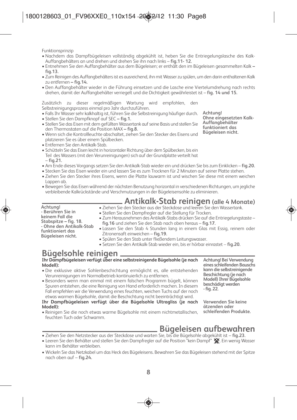 Antikalk-stab reinigen, Bügelsohle reinigen, Bügeleisen aufbewahren | Alle 4 monate) | Tefal FV9630 User Manual | Page 13 / 114