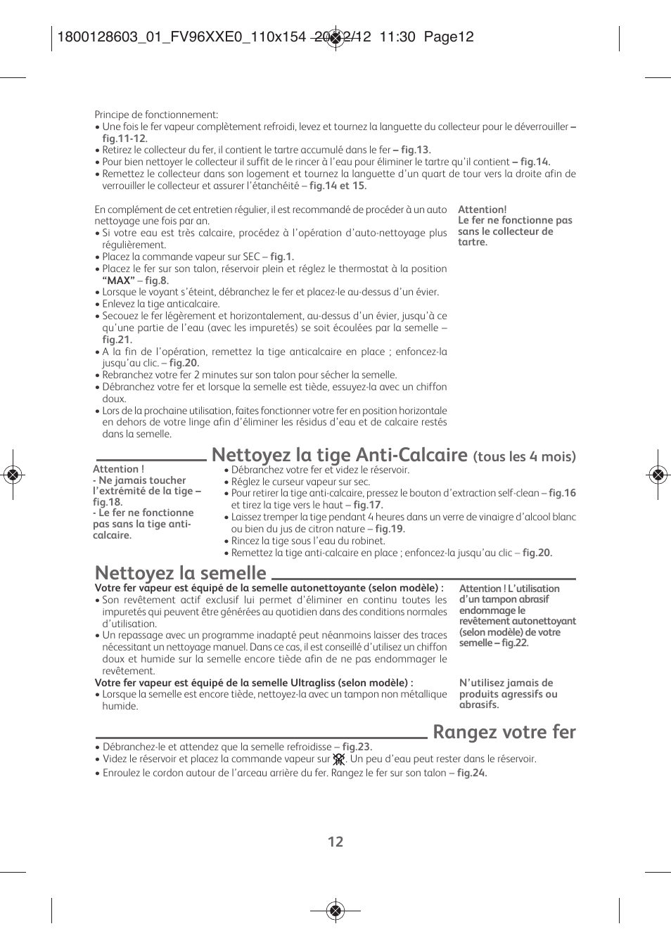 Nettoyez la tige anti-calcaire, Nettoyez la semelle, Rangez votre fer | Tous les 4 mois) | Tefal FV9630 User Manual | Page 17 / 114