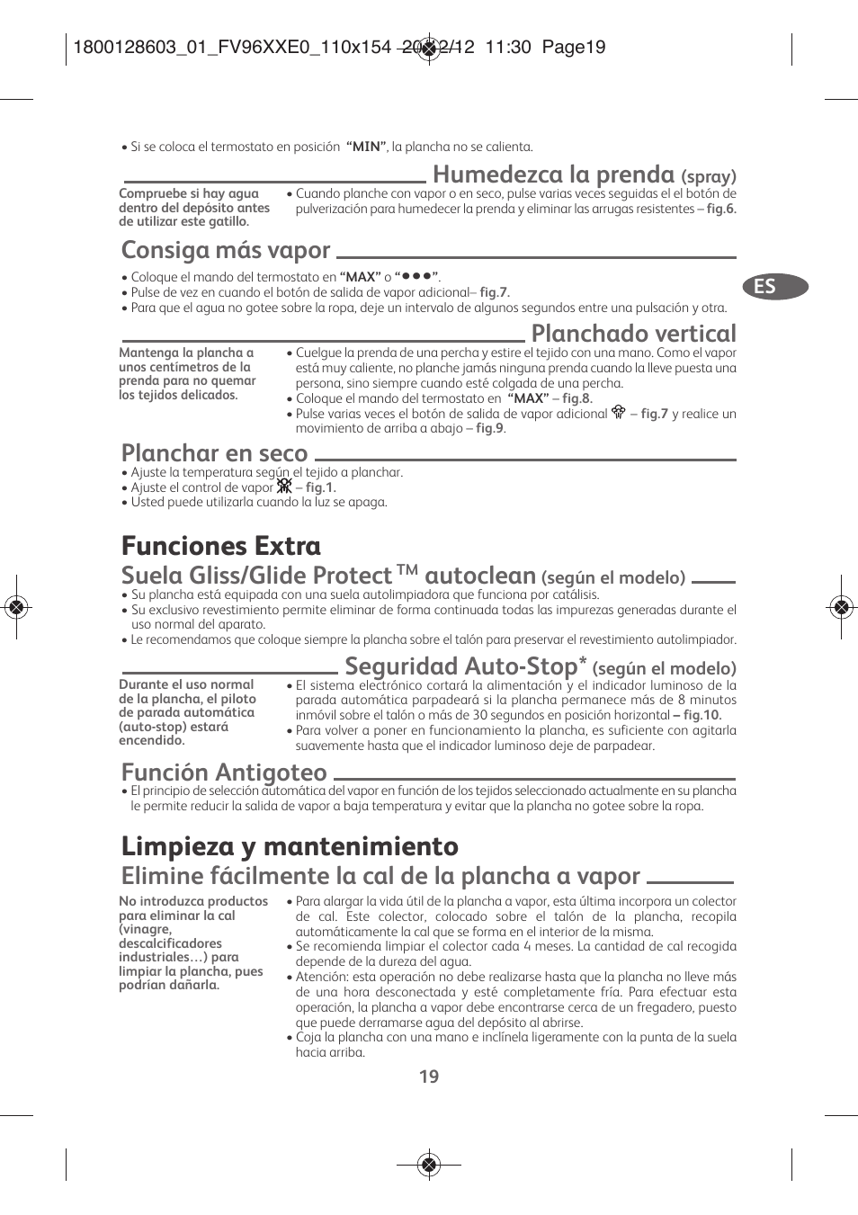 Funciones extra, Limpieza y mantenimiento, Humedezca la prenda | Consiga más vapor, Planchado vertical, Planchar en seco, Suela gliss/glide protect, Autoclean, Seguridad auto-stop, Función antigoteo | Tefal FV9630 User Manual | Page 24 / 114