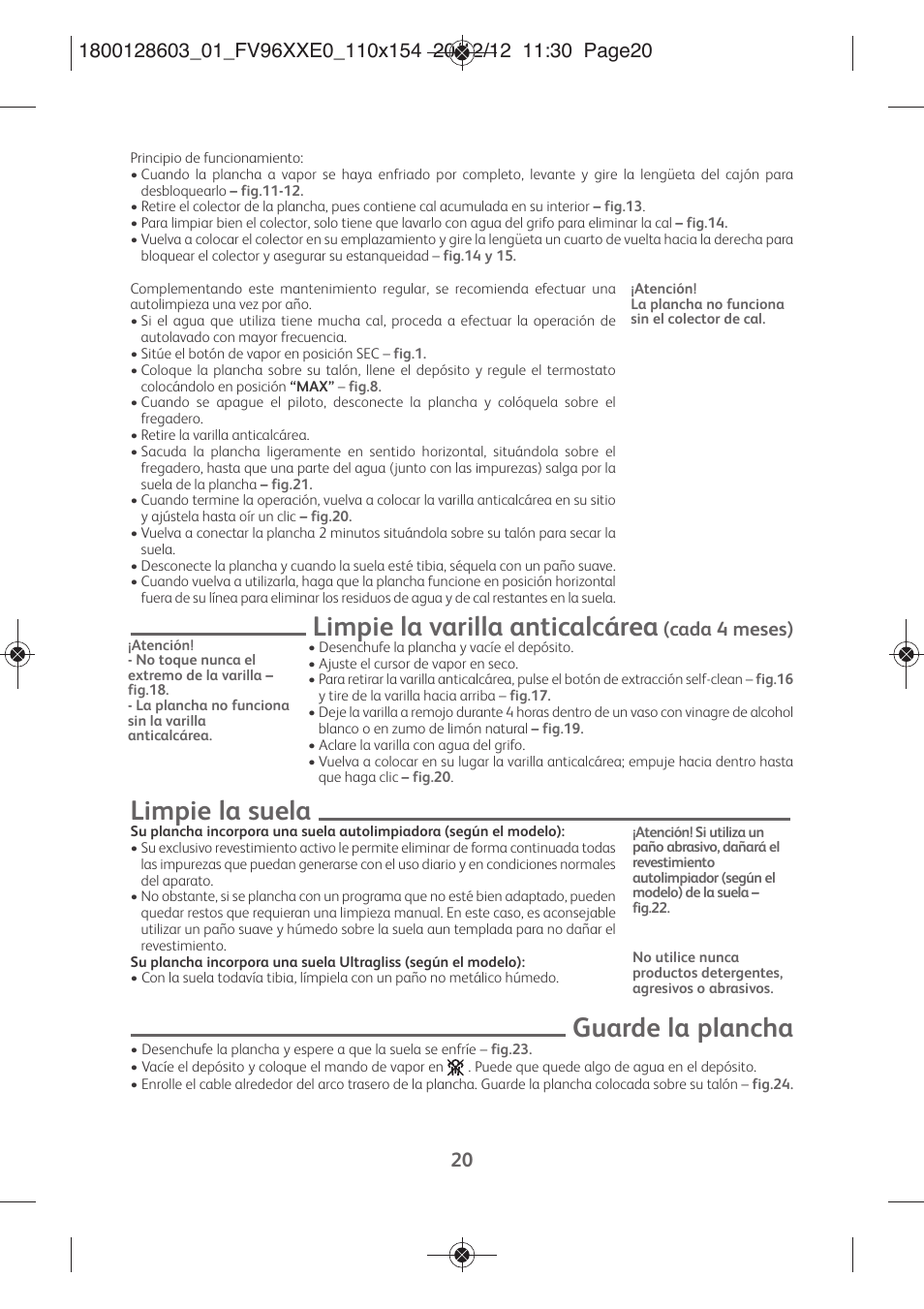 Limpie la varilla anticalcárea, Limpie la suela, Guarde la plancha | Cada 4 meses) | Tefal FV9630 User Manual | Page 25 / 114