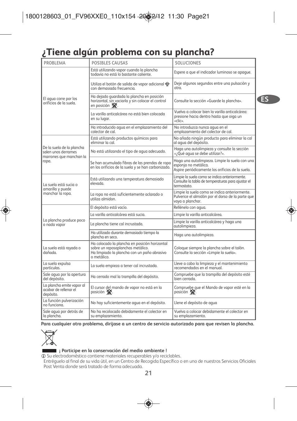 Tiene algún problema con su plancha | Tefal FV9630 User Manual | Page 26 / 114