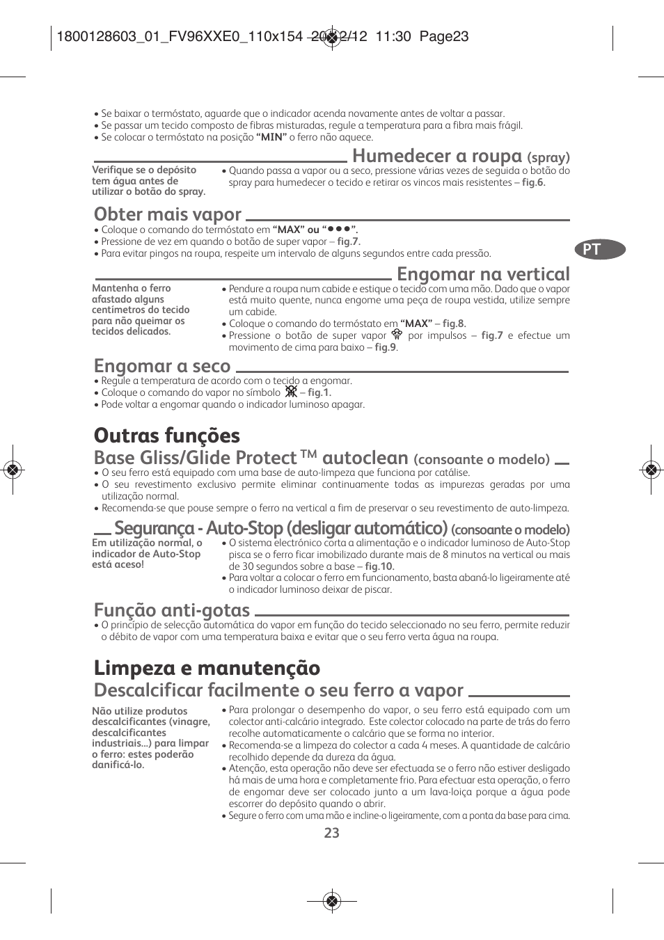 Outras funções, Limpeza e manutenção, Humedecer a roupa | Obter mais vapor, Engomar na vertical, Engomar a seco, Base gliss/glide protect, Autoclean, Segurança - auto-stop (desligar automático), Função anti-gotas | Tefal FV9630 User Manual | Page 28 / 114