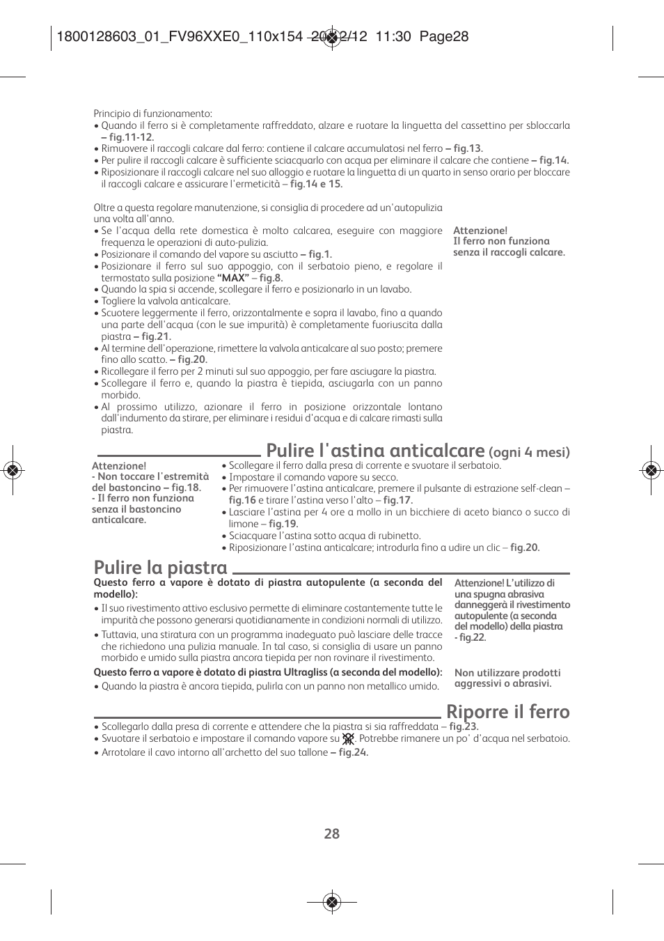 Pulire l'astina anticalcare, Pulire la piastra, Riporre il ferro | Ogni 4 mesi) | Tefal FV9630 User Manual | Page 33 / 114
