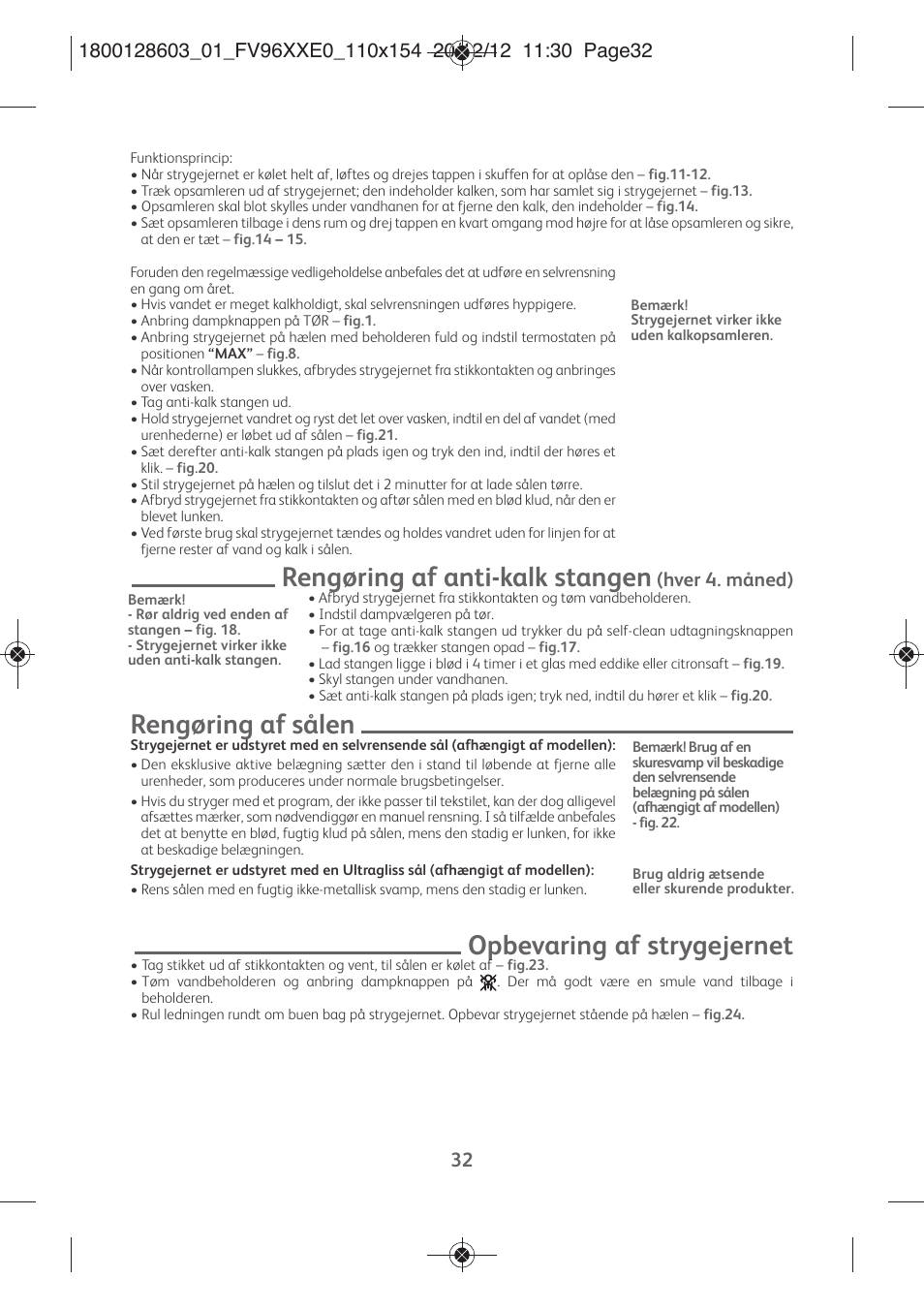 Rengøring af anti-kalk stangen, Rengøring af sålen, Opbevaring af strygejernet | Hver 4. måned) | Tefal FV9630 User Manual | Page 37 / 114