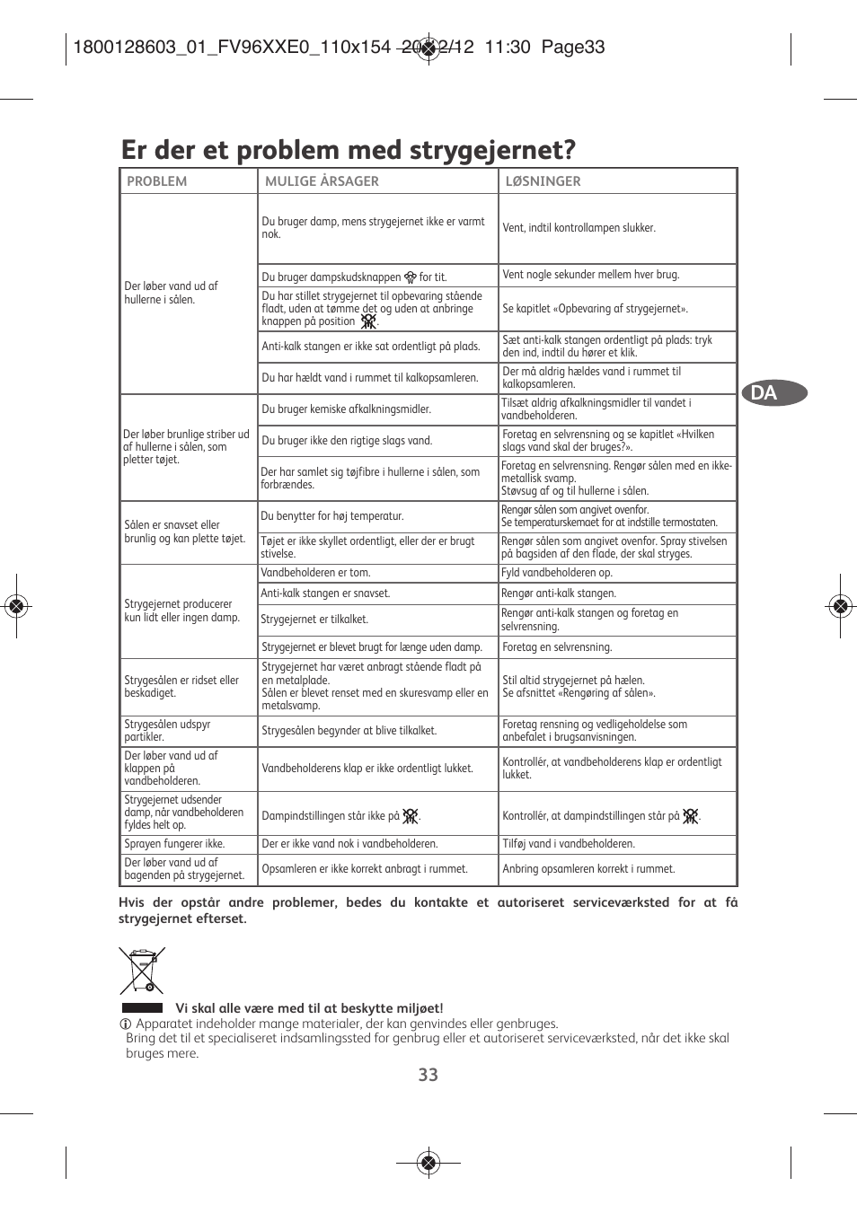 Er der et problem med strygejernet | Tefal FV9630 User Manual | Page 38 / 114