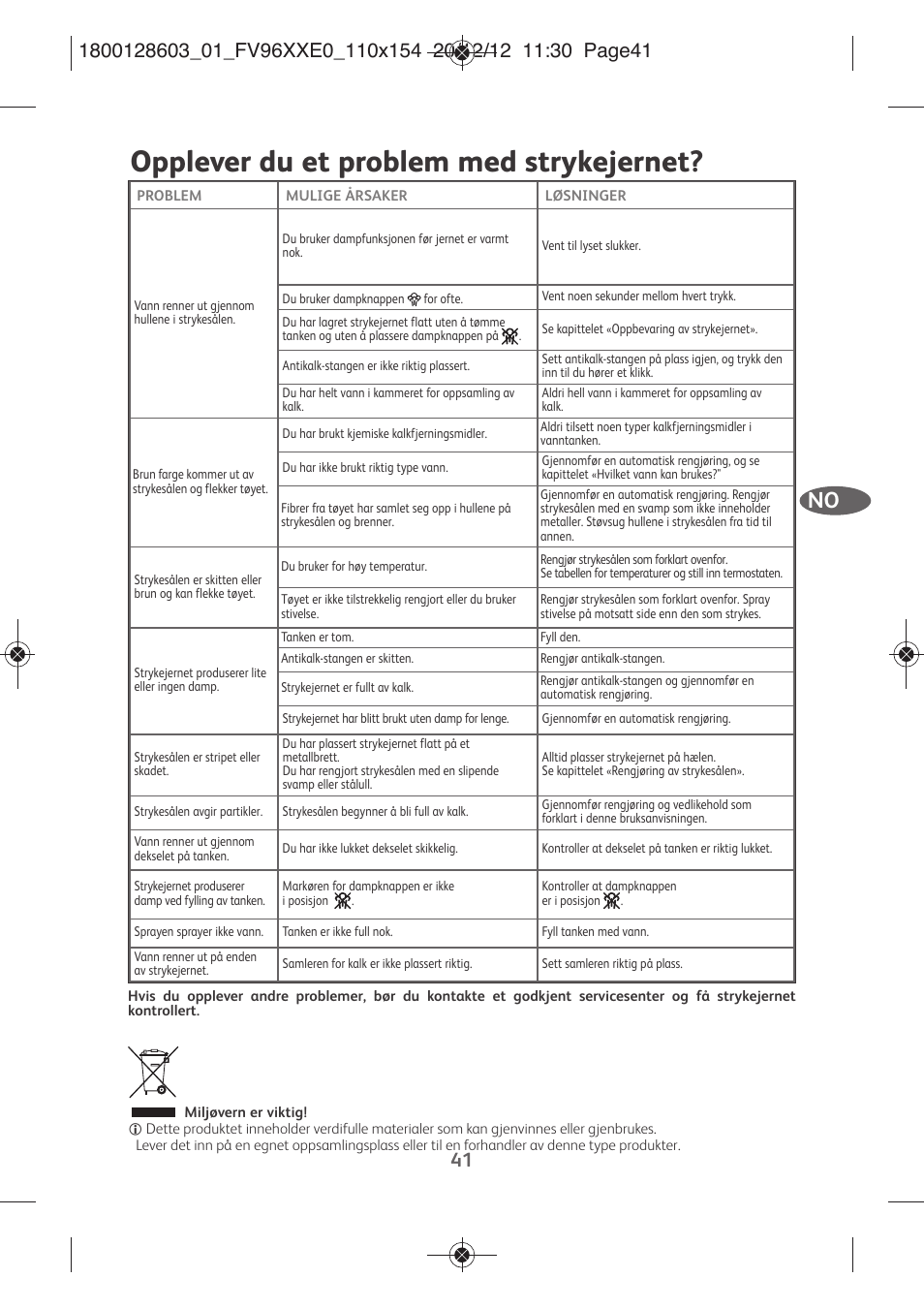 Opplever du et problem med strykejernet | Tefal FV9630 User Manual | Page 46 / 114