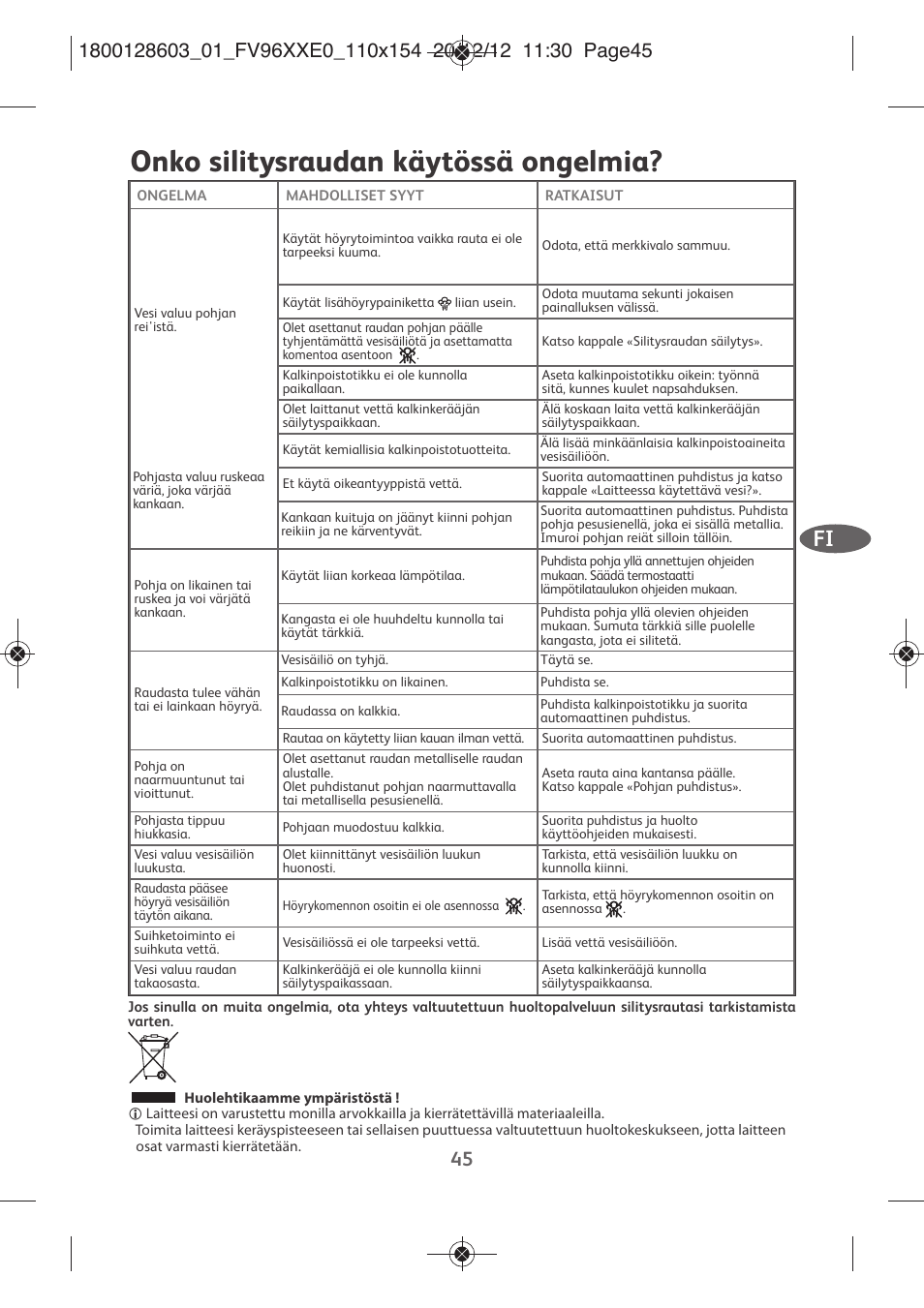 Onko silitysraudan käytössä ongelmia | Tefal FV9630 User Manual | Page 50 / 114