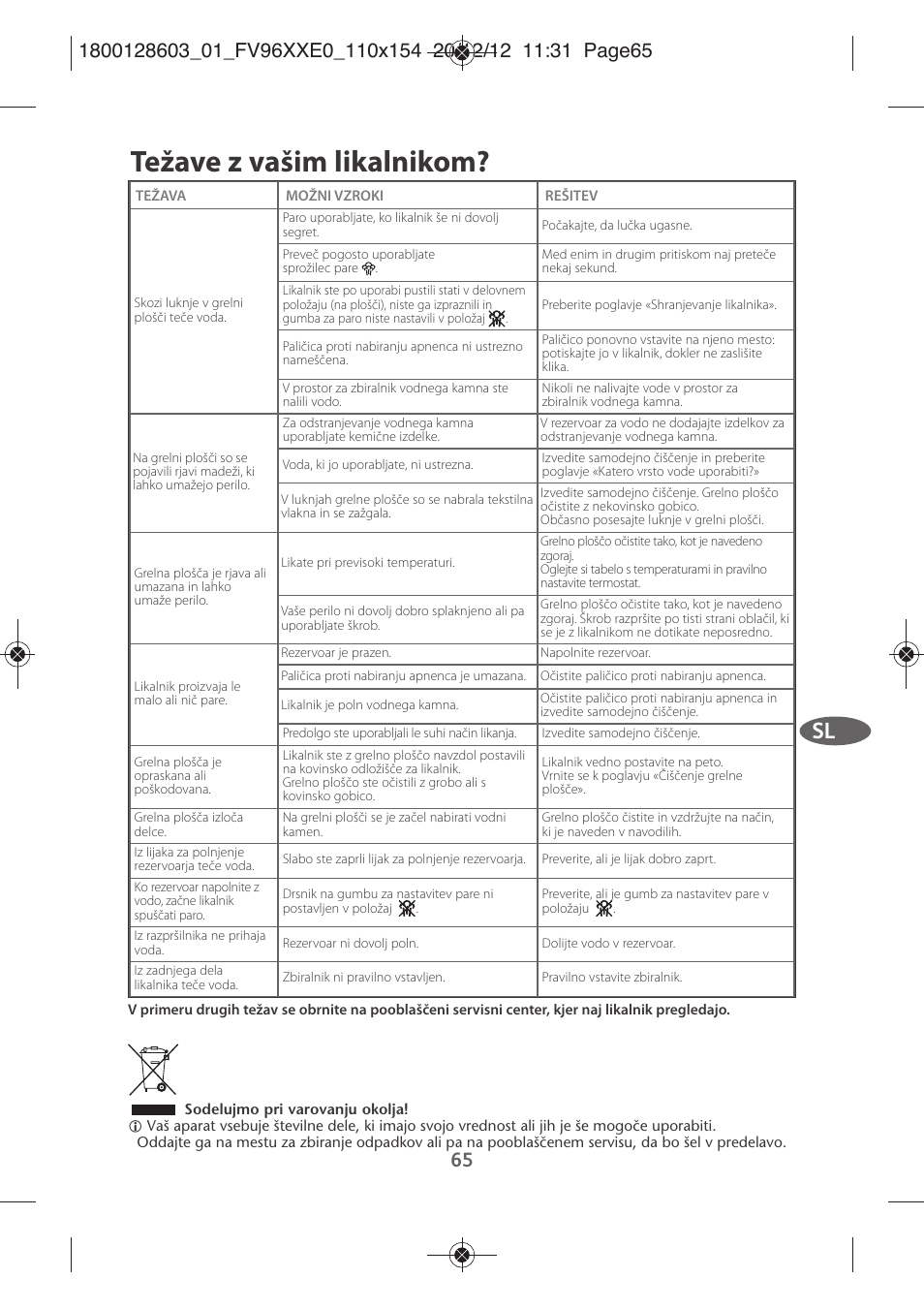 Težave z vašim likalnikom | Tefal FV9630 User Manual | Page 70 / 114