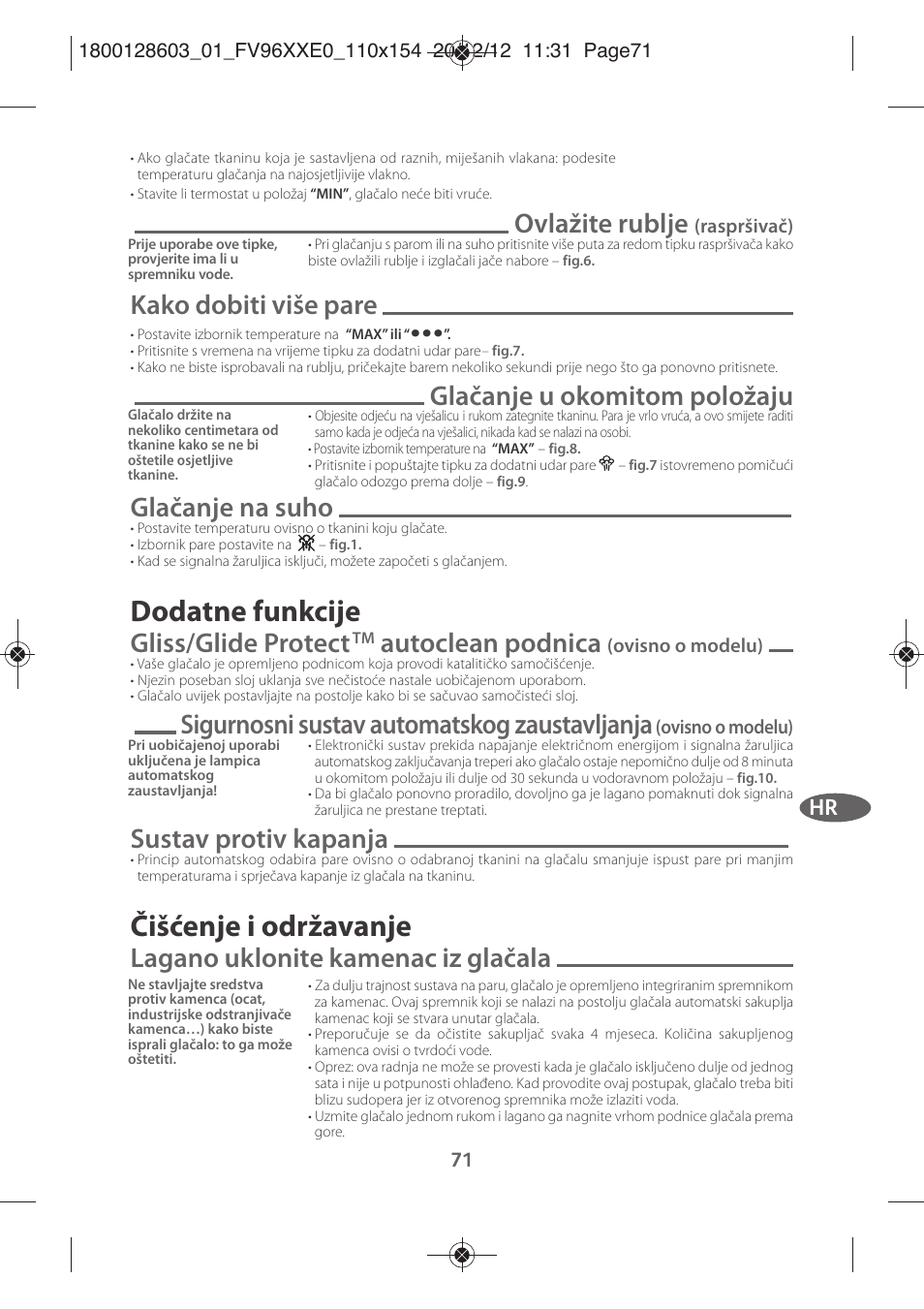 Dodatne funkcije, Čišćenje i održavanje, Ovlažite rublje | Kako dobiti više pare, Glačanje u okomitom položaju, Glačanje na suho, Gliss/glide protect, Autoclean podnica, Sigurnosni sustav automatskog zaustavljanja, Sustav protiv kapanja | Tefal FV9630 User Manual | Page 76 / 114