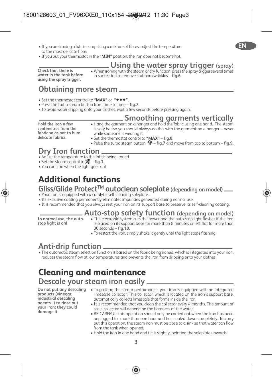 Additional functions, Cleaning and maintenance, Using the water spray trigger | Obtaining more steam, Smoothing garments vertically, Dry iron function, Gliss/glide protect, Autoclean soleplate, Auto-stop safety function, Anti-drip function | Tefal FV9630 User Manual | Page 8 / 114