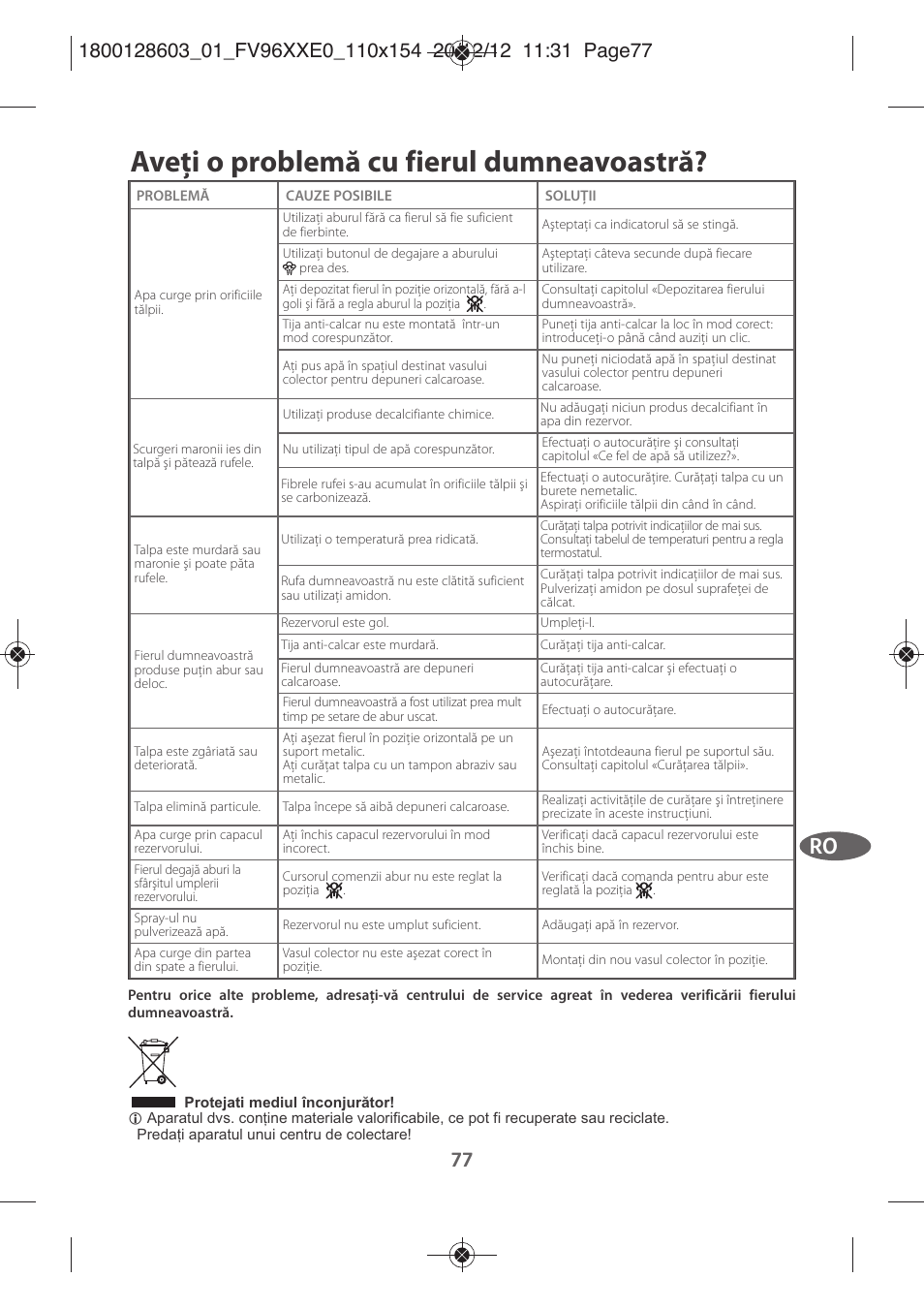 Aveţi o problemă cu fierul dumneavoastră | Tefal FV9630 User Manual | Page 82 / 114