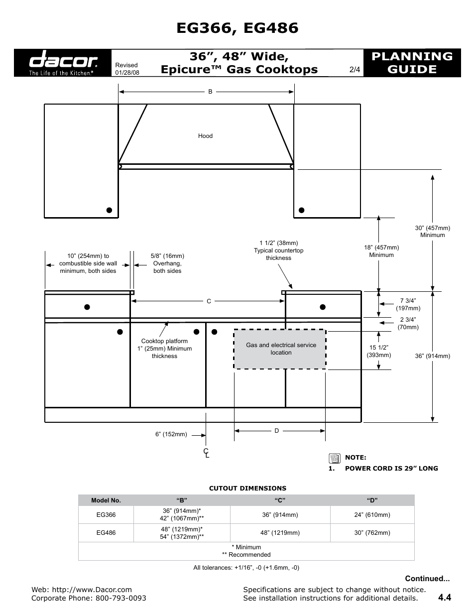 Planning guide, 36”, 48” wide, epicure™ gas cooktops | Dacor EG486 User Manual | Page 2 / 4