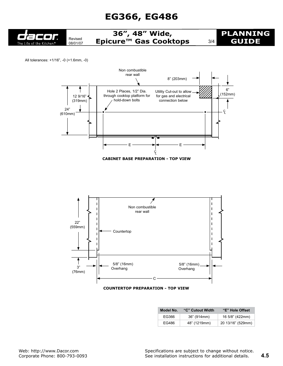 Planning guide, 36”, 48” wide, epicure™ gas cooktops | Dacor EG486 User Manual | Page 3 / 4
