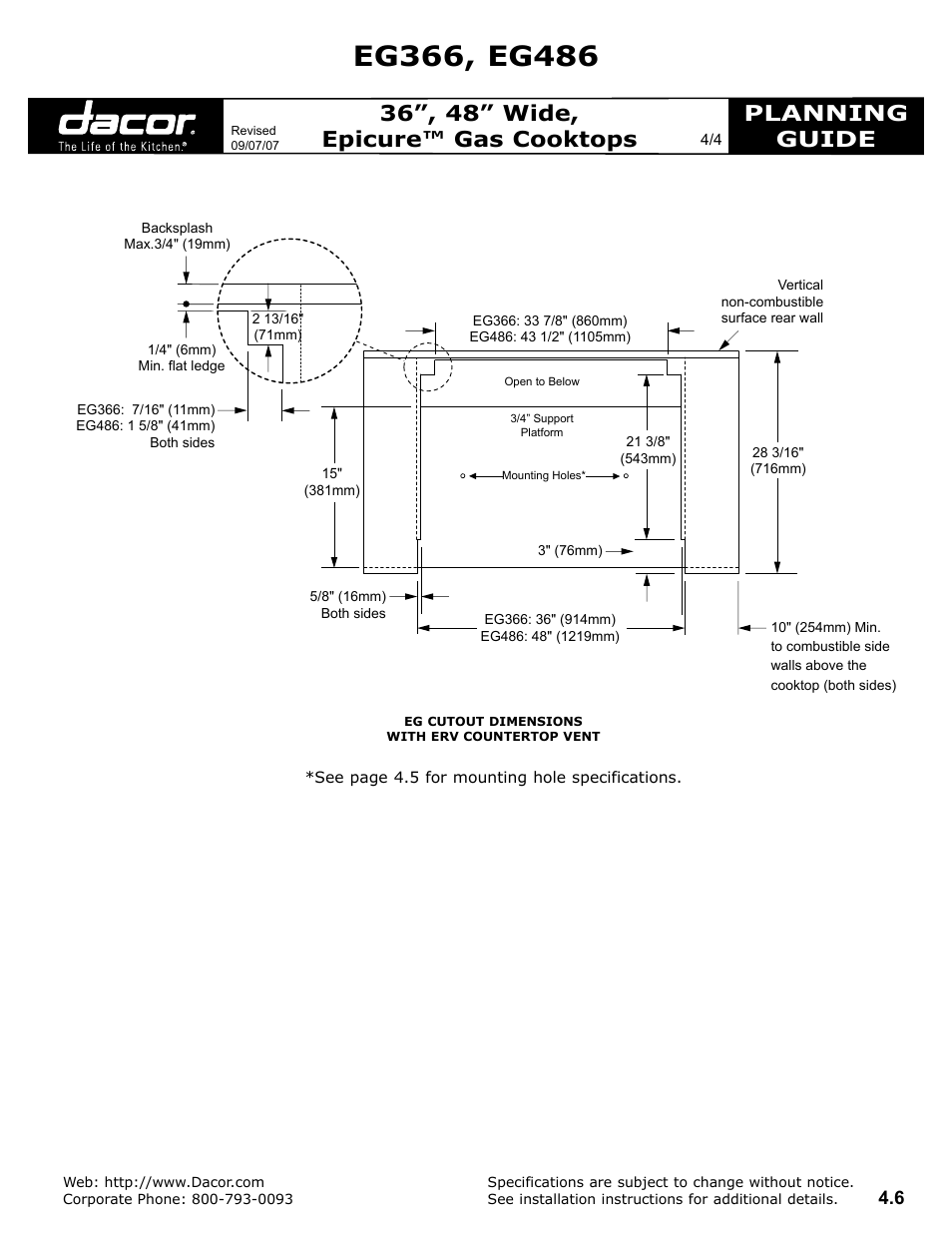 Planning guide, 36”, 48” wide, epicure™ gas cooktops | Dacor EG486 User Manual | Page 4 / 4