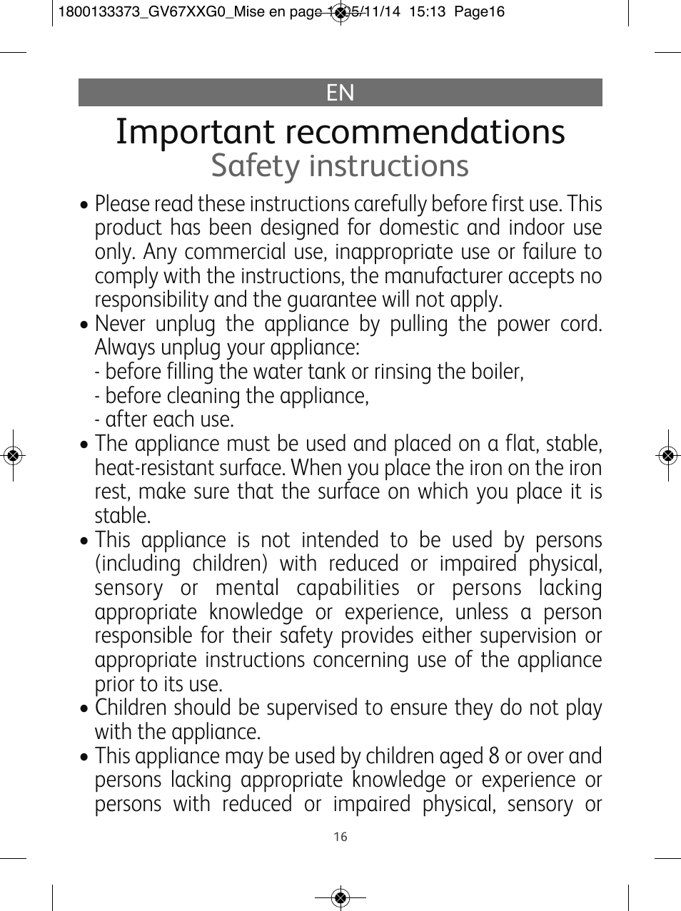 Important recommendations, Safety instructions | Tefal Effectis GV6720 User Manual | Page 16 / 24