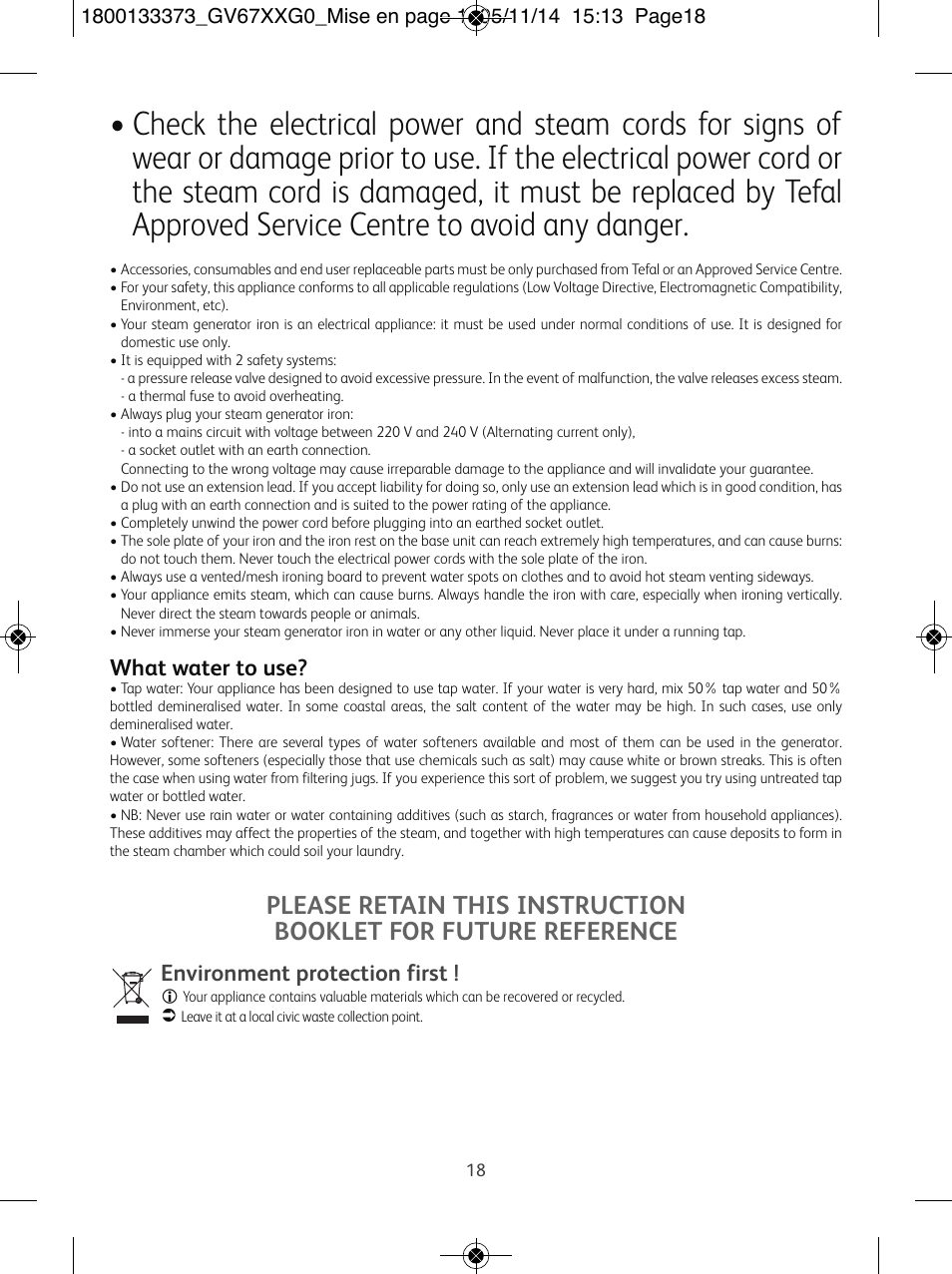 What water to use, Environment protection first | Tefal Effectis GV6720 User Manual | Page 18 / 24