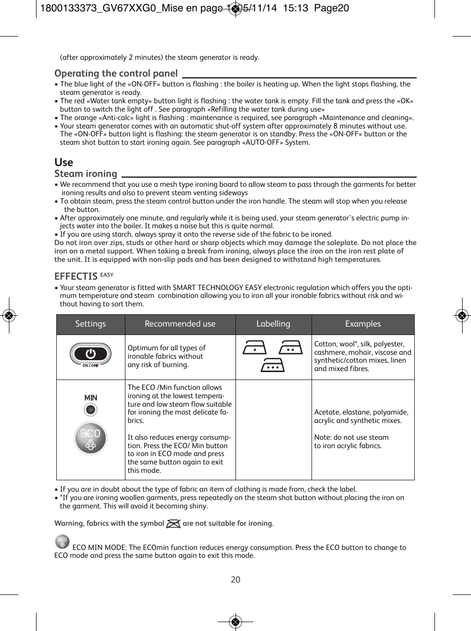 Operating the control panel, Steam ironing, Effectis | Tefal Effectis GV6720 User Manual | Page 20 / 24