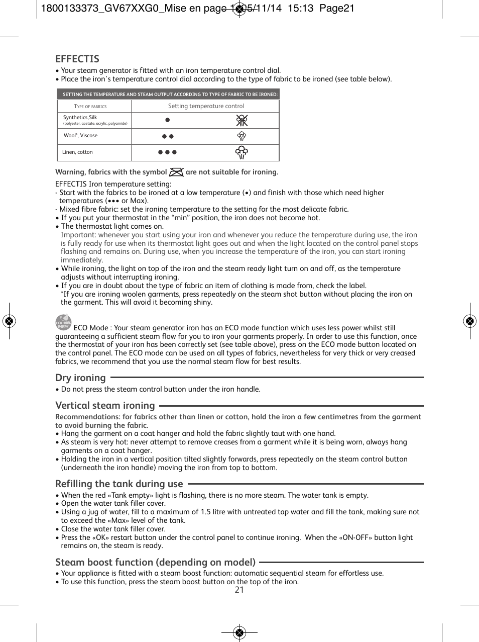 Effectis, Dry ironing, Vertical steam ironing | Refilling the tank during use, Steam boost function (depending on model) | Tefal Effectis GV6720 User Manual | Page 21 / 24