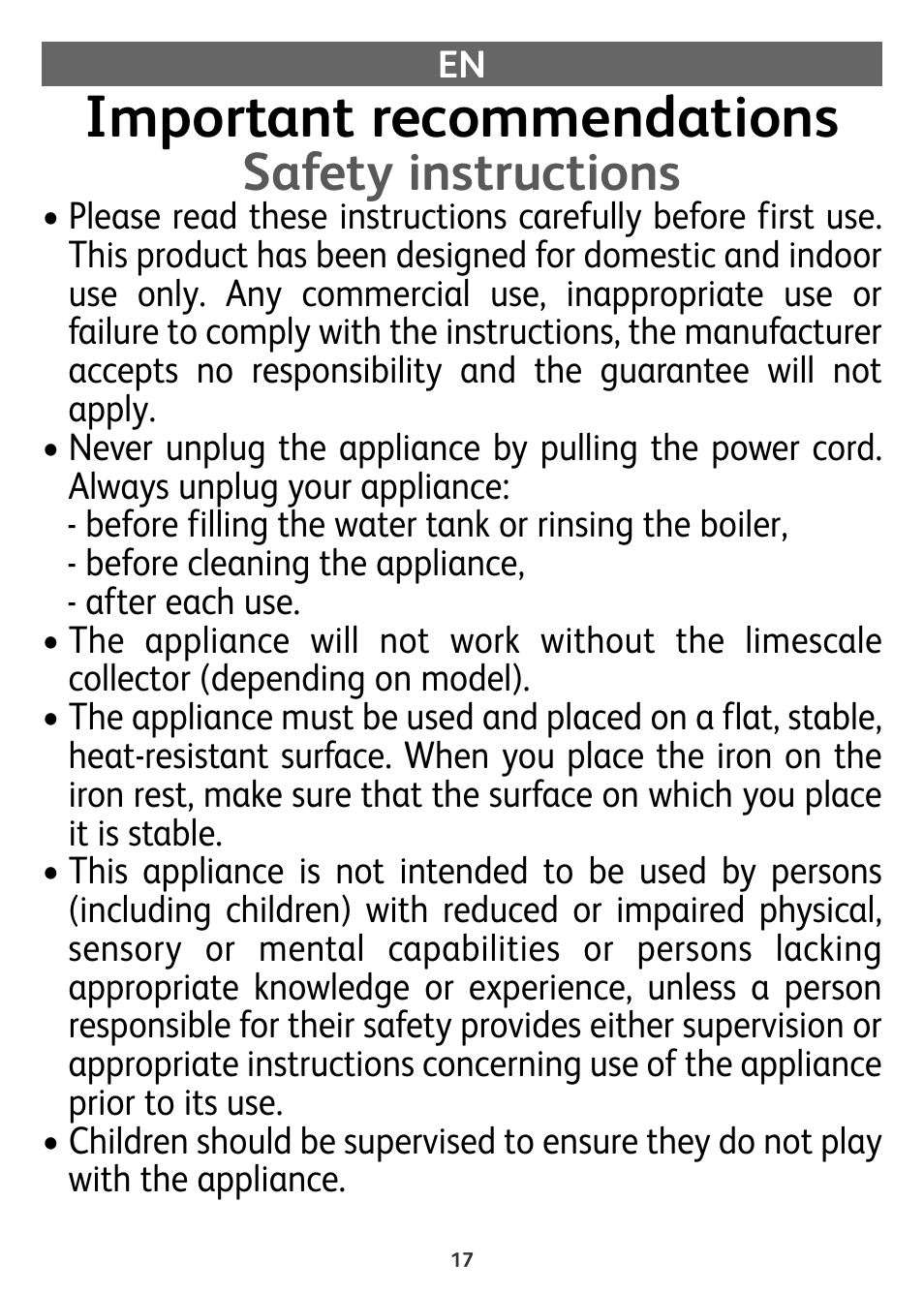 Important recommendations, Safety instructions | Tefal Actis GV6340 User Manual | Page 17 / 24