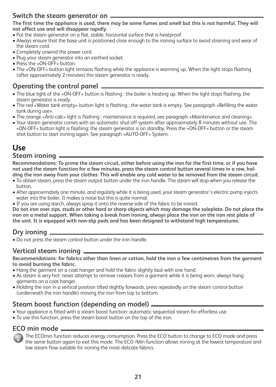 Switch the steam generator on, Operating the control panel, Steam ironing | Dry ironing, Vertical steam ironing, Steam boost function (depending on model), Eco min mode | Tefal Actis GV6340 User Manual | Page 21 / 24