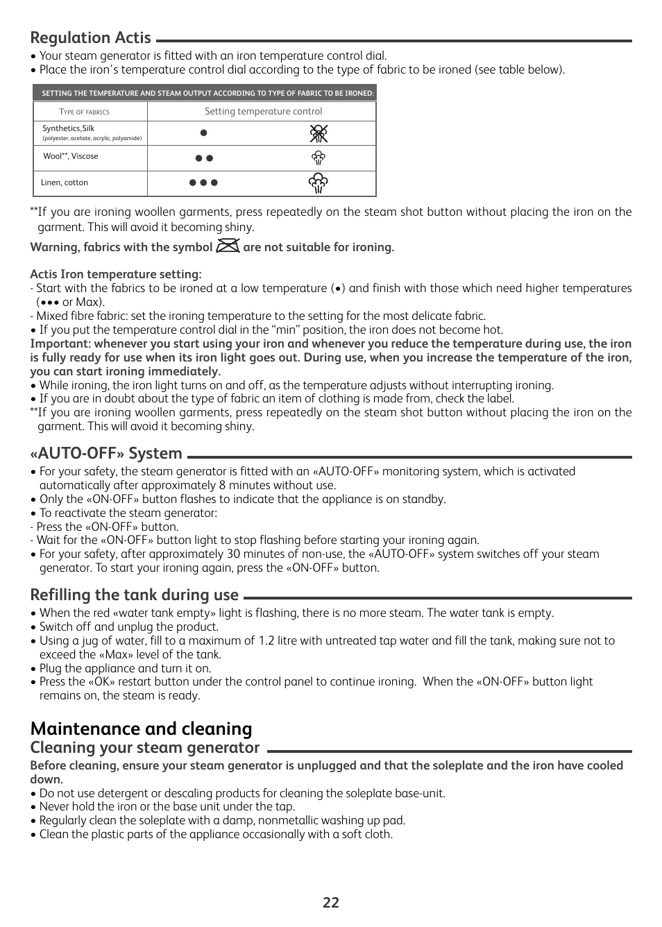 Maintenance and cleaning, Regulation actis, Auto-off» system | Refilling the tank during use, Cleaning your steam generator | Tefal Actis GV6340 User Manual | Page 22 / 24